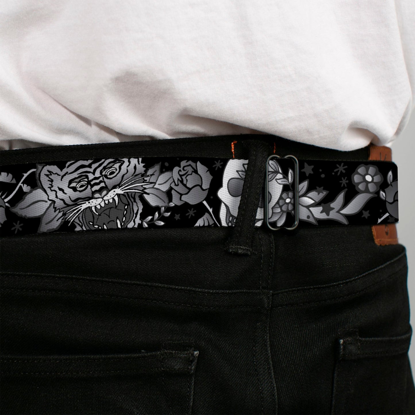 BD Wings Logo CLOSE-UP Full Color Black Silver Seatbelt Belt - Death Before Dishonor Black/White Webbing