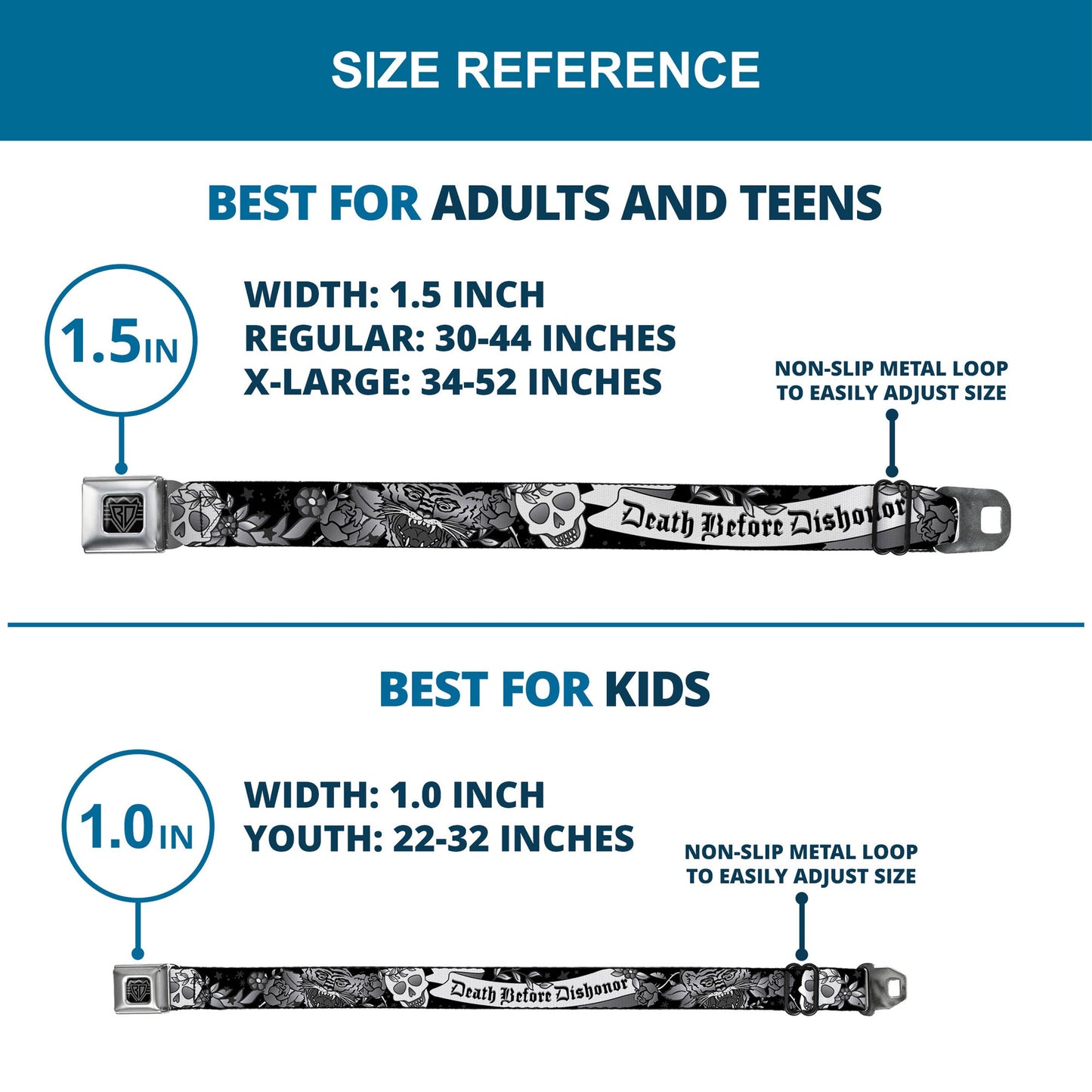 BD Wings Logo CLOSE-UP Full Color Black Silver Seatbelt Belt - Death Before Dishonor Black/White Webbing