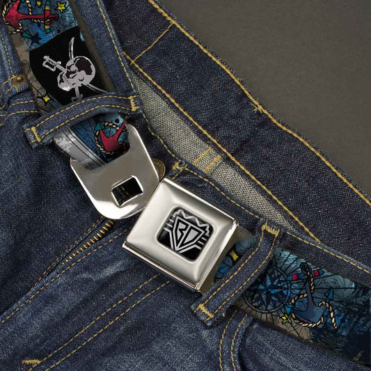 BD Wings Logo CLOSE-UP Full Color Black Silver Seatbelt Belt - Dead Men Tell No Tales CLOSE-UP Turquoise Webbing