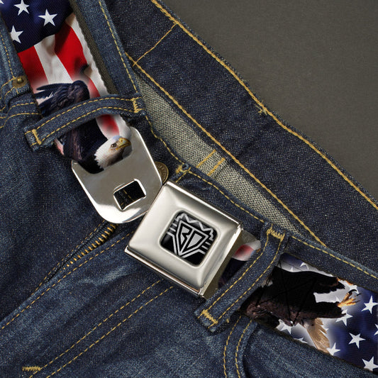 BD Wings Logo CLOSE-UP Full Color Black Silver Seatbelt Belt - Flying Eagle/American Flag Webbing