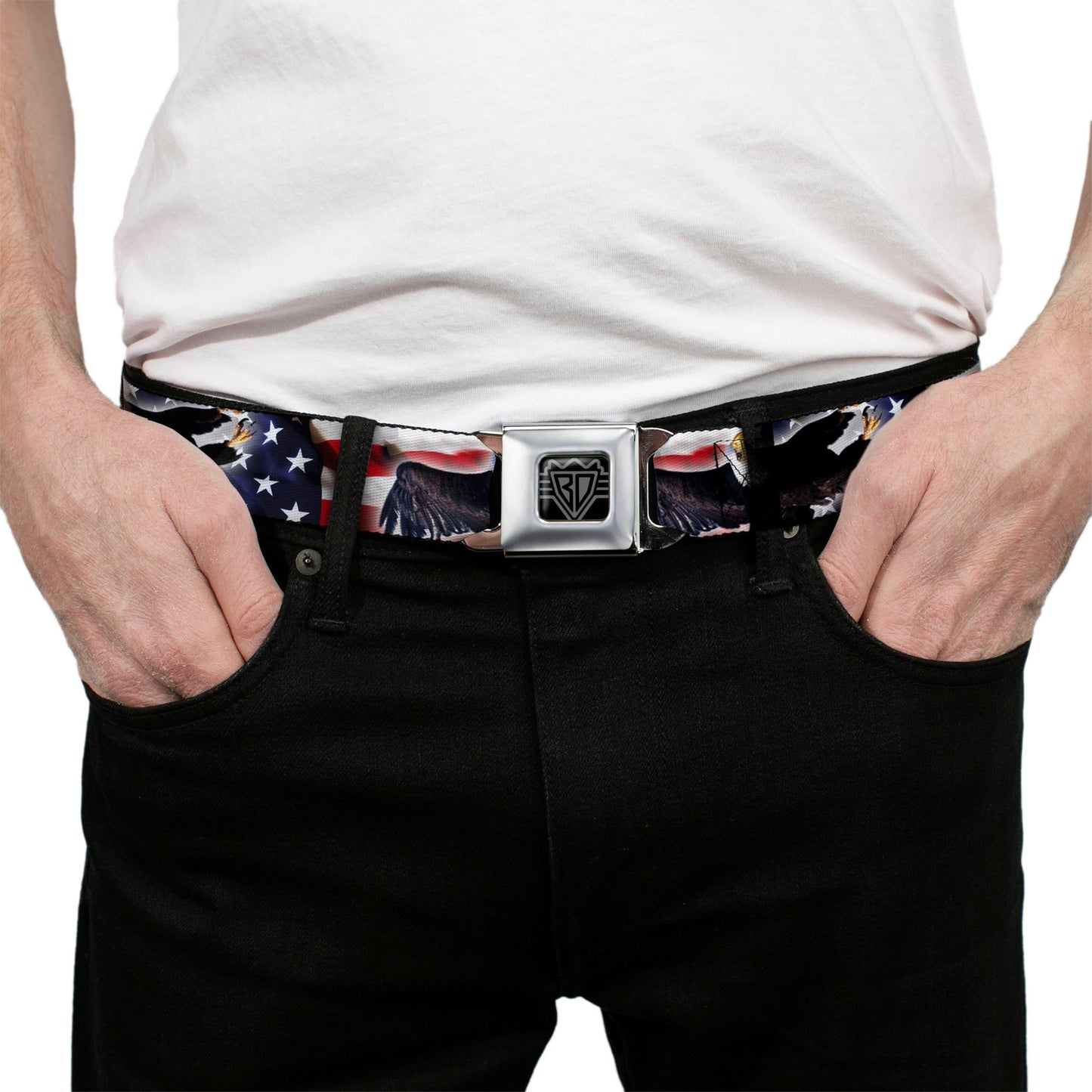 BD Wings Logo CLOSE-UP Full Color Black Silver Seatbelt Belt - Flying Eagle/American Flag Webbing
