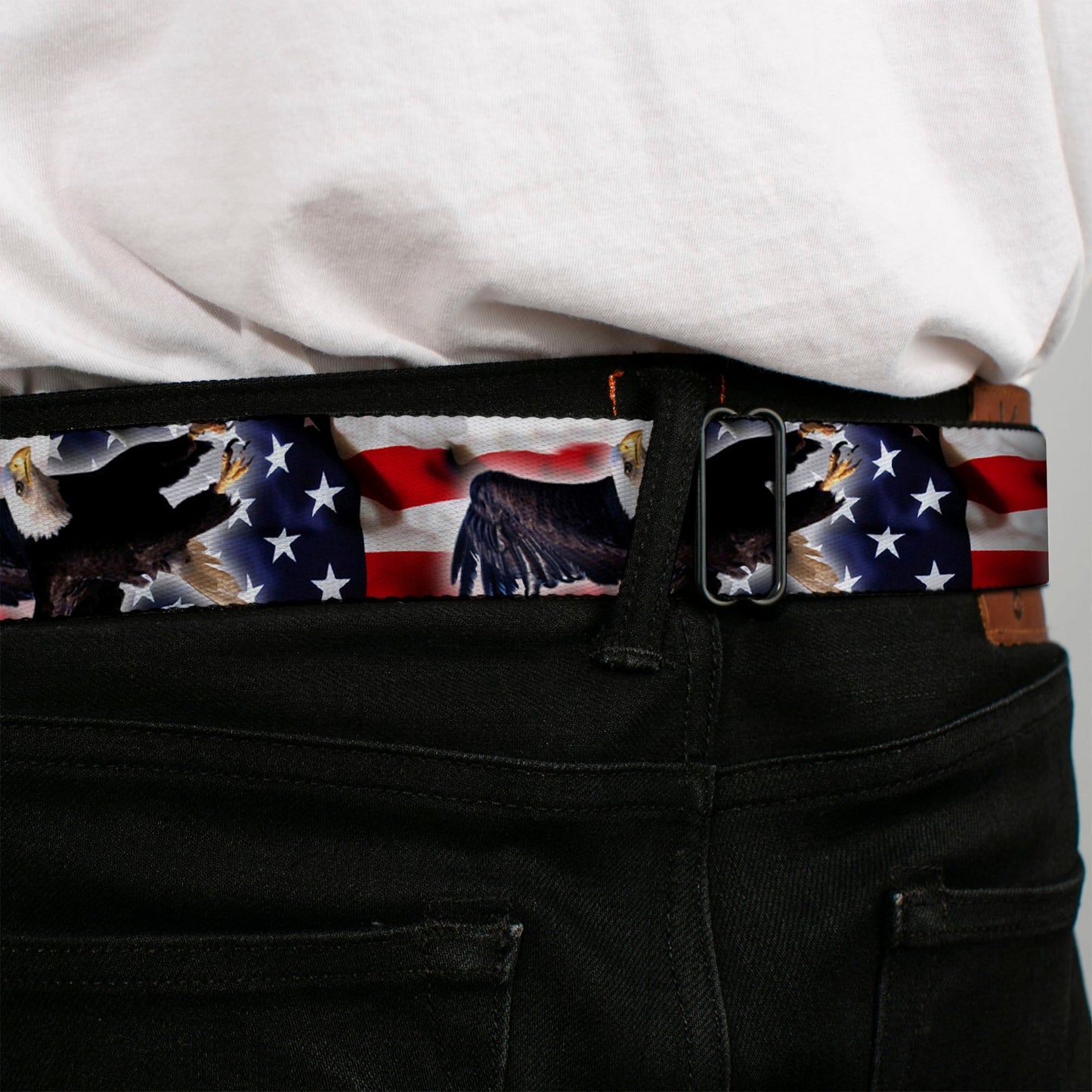 BD Wings Logo CLOSE-UP Full Color Black Silver Seatbelt Belt - Flying Eagle/American Flag Webbing