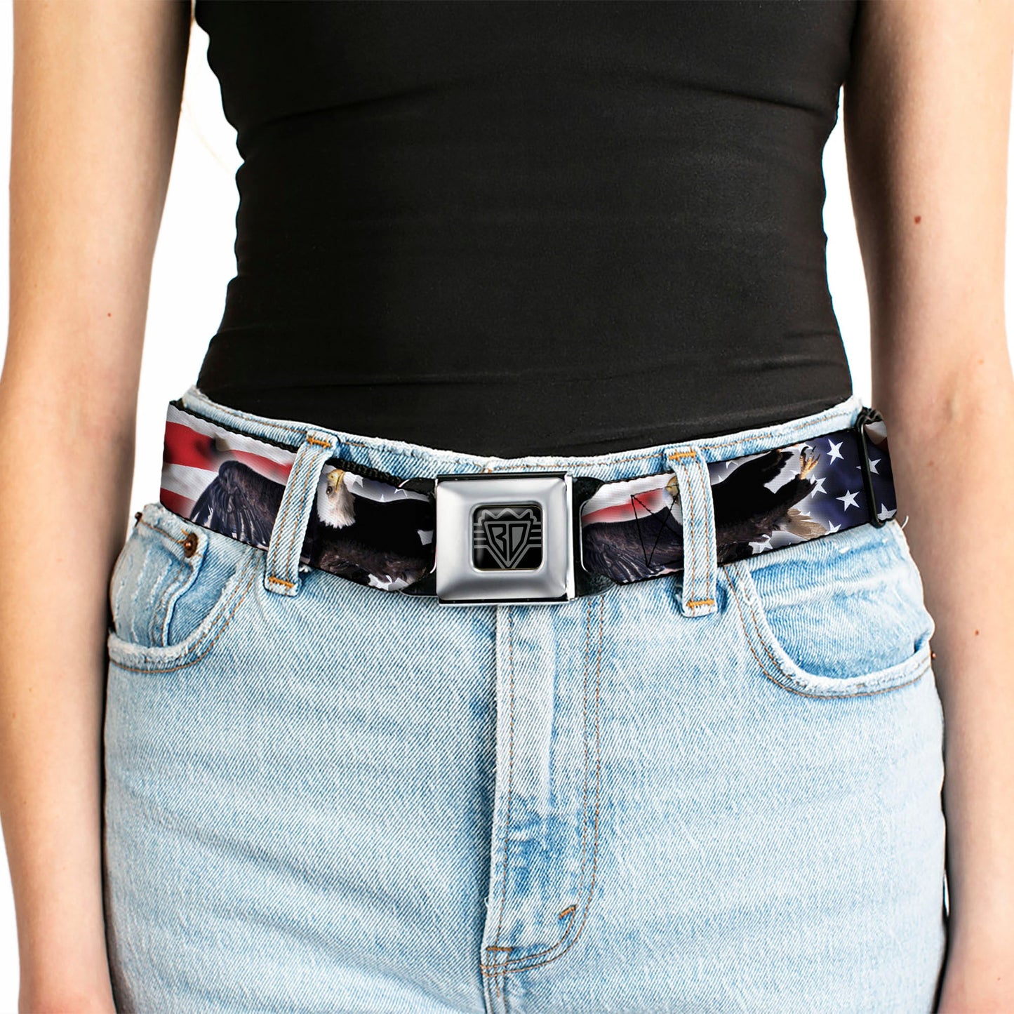BD Wings Logo CLOSE-UP Full Color Black Silver Seatbelt Belt - Flying Eagle/American Flag Webbing
