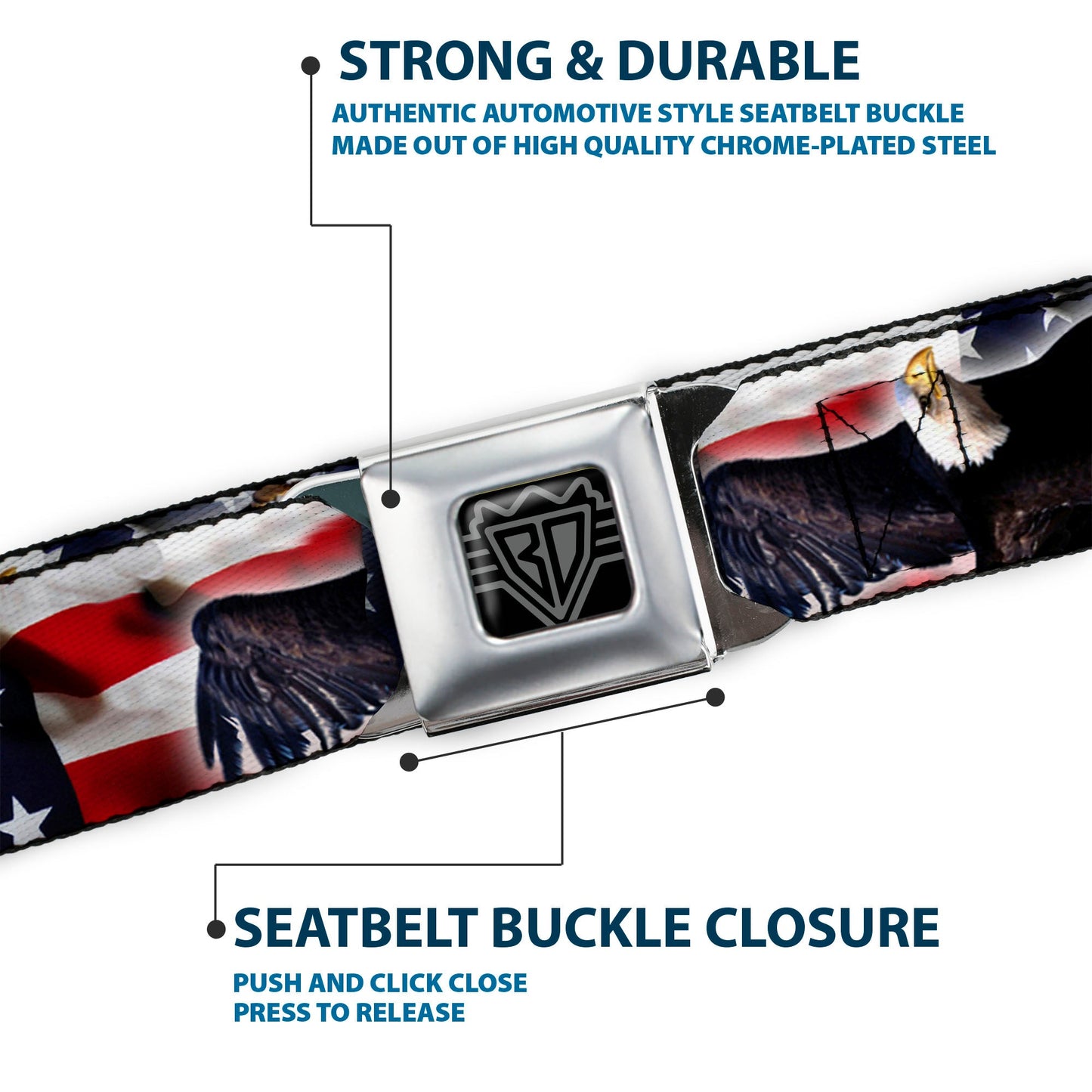 BD Wings Logo CLOSE-UP Full Color Black Silver Seatbelt Belt - Flying Eagle/American Flag Webbing