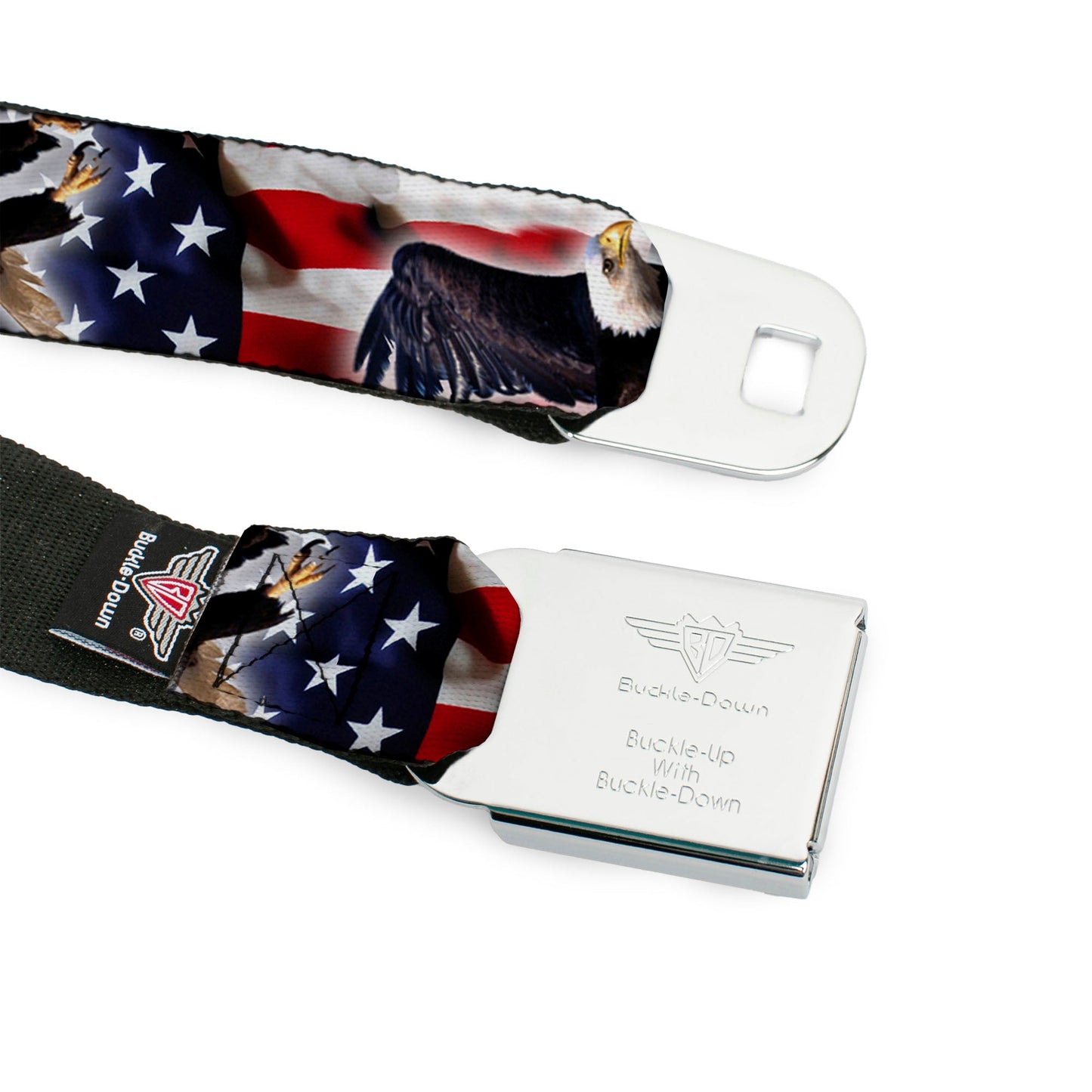 BD Wings Logo CLOSE-UP Full Color Black Silver Seatbelt Belt - Flying Eagle/American Flag Webbing
