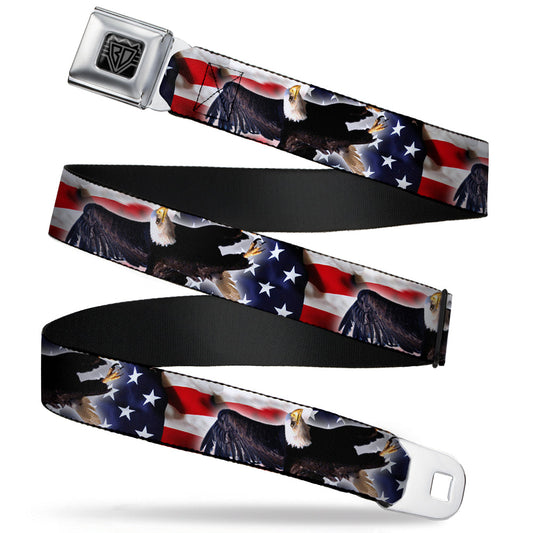 BD Wings Logo CLOSE-UP Full Color Black Silver Seatbelt Belt - Flying Eagle/American Flag Webbing