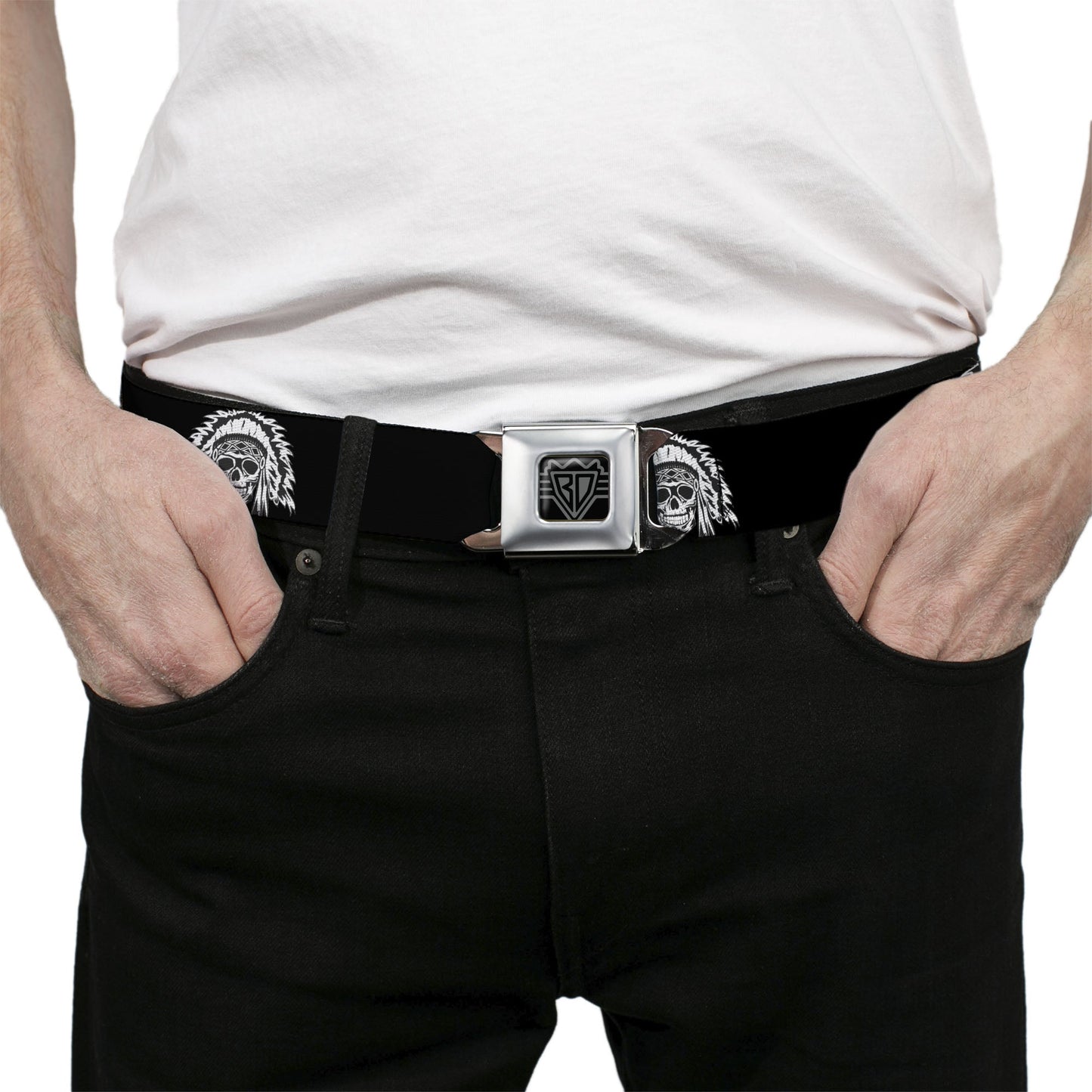 BD Wings Logo CLOSE-UP Full Color Black Silver Seatbelt Belt - Native American Skull Black/White Webbing