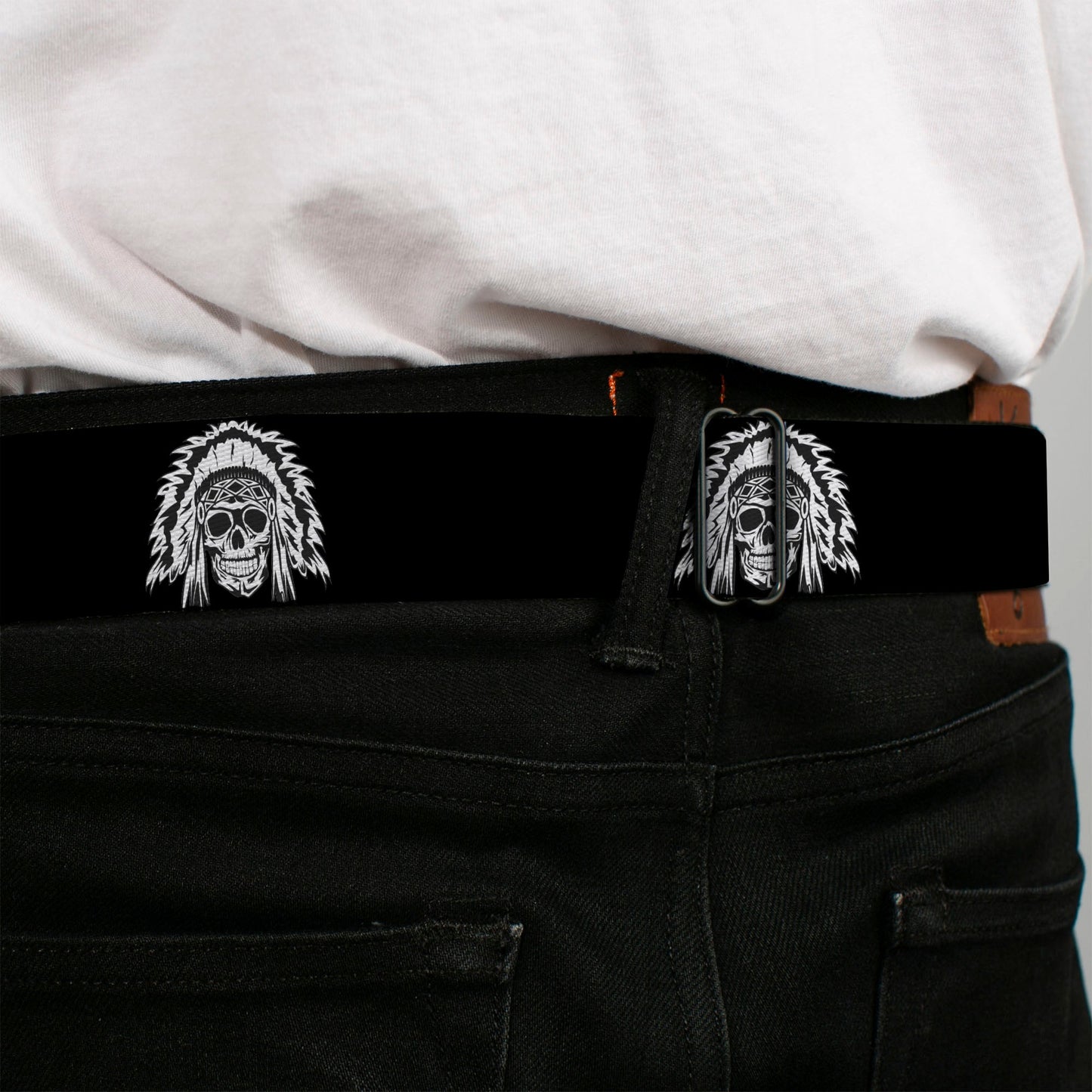 BD Wings Logo CLOSE-UP Full Color Black Silver Seatbelt Belt - Native American Skull Black/White Webbing