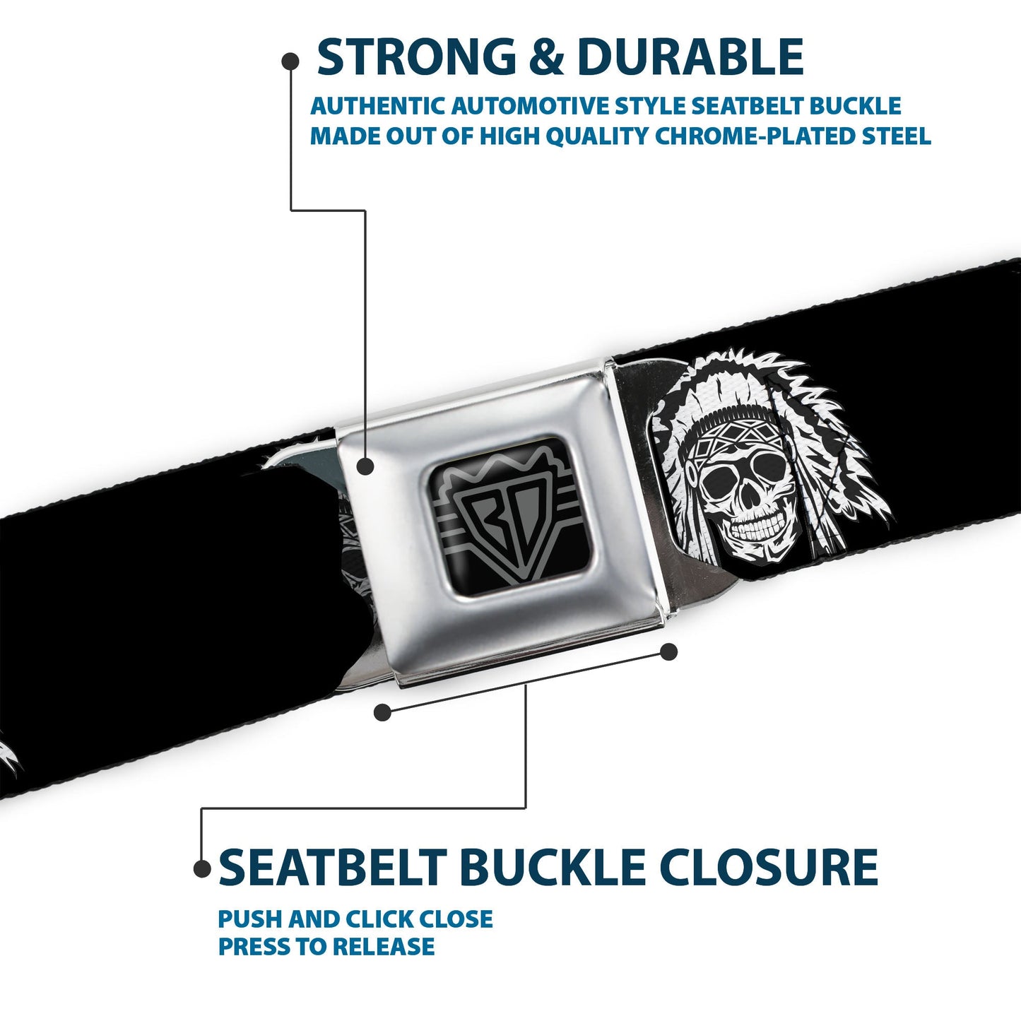 BD Wings Logo CLOSE-UP Full Color Black Silver Seatbelt Belt - Native American Skull Black/White Webbing