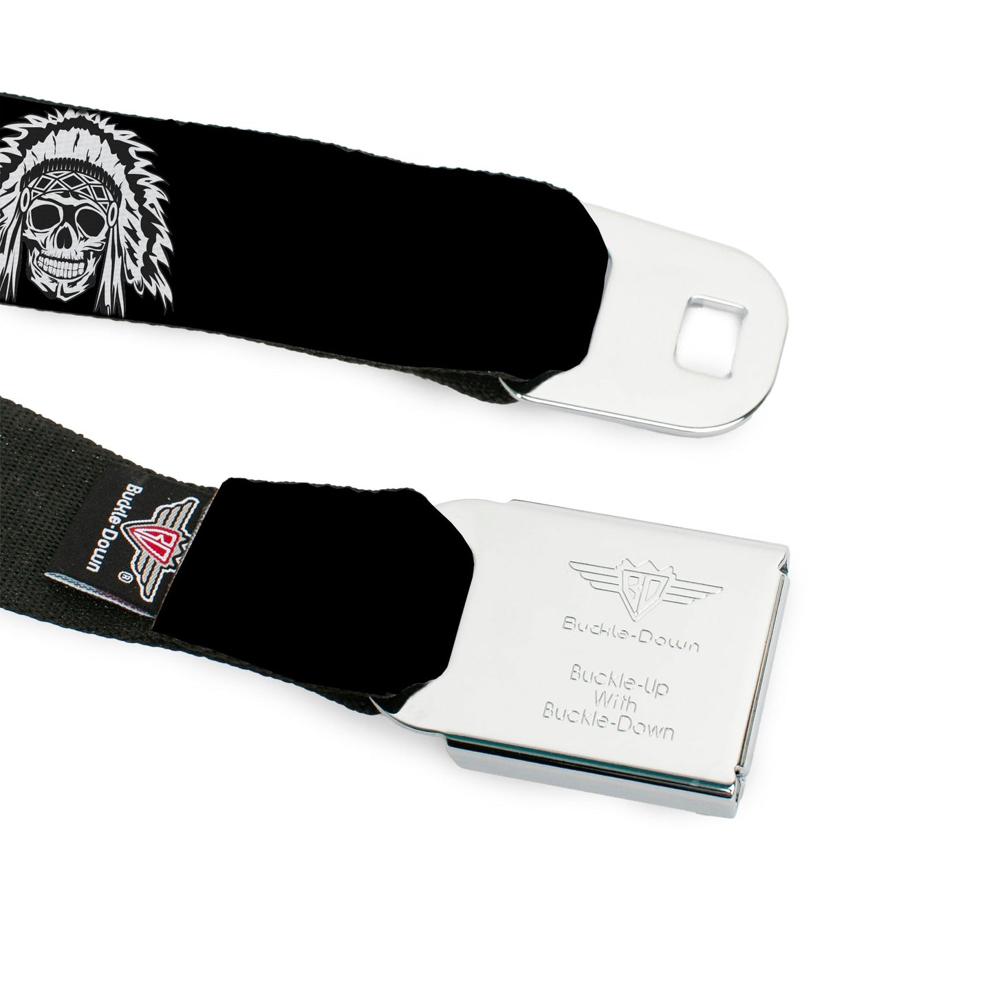 BD Wings Logo CLOSE-UP Full Color Black Silver Seatbelt Belt - Native American Skull Black/White Webbing
