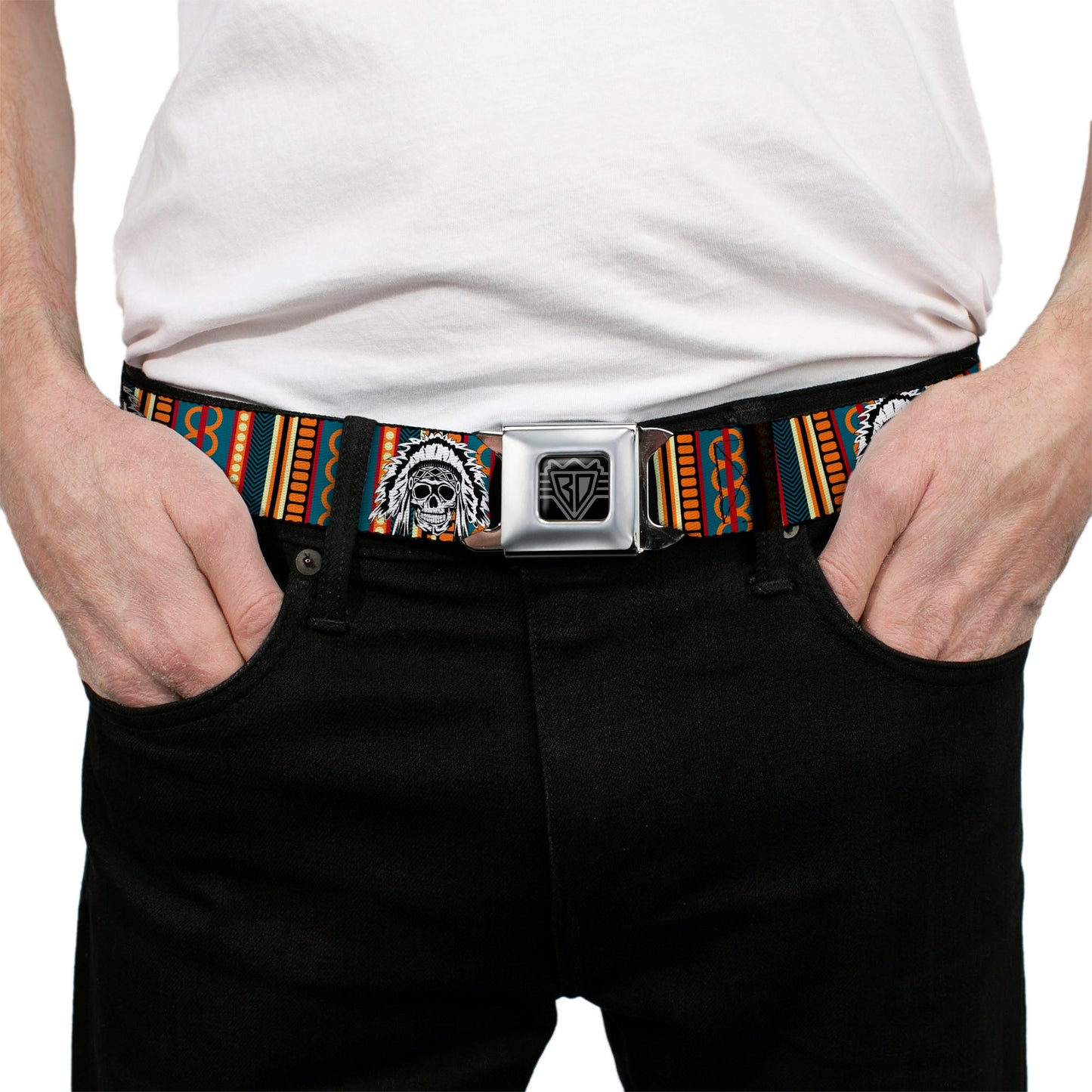 BD Wings Logo CLOSE-UP Black/Silver Seatbelt Belt - Native American Skull/Tapestry Multi Color/White/Black Webbing