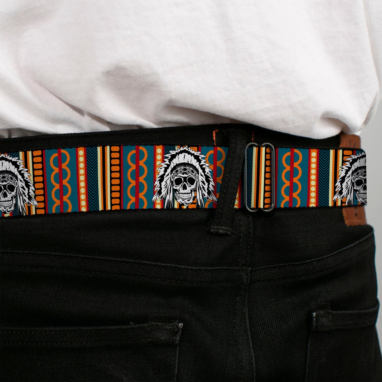 BD Wings Logo CLOSE-UP Black/Silver Seatbelt Belt - Native American Skull/Tapestry Multi Color/White/Black Webbing
