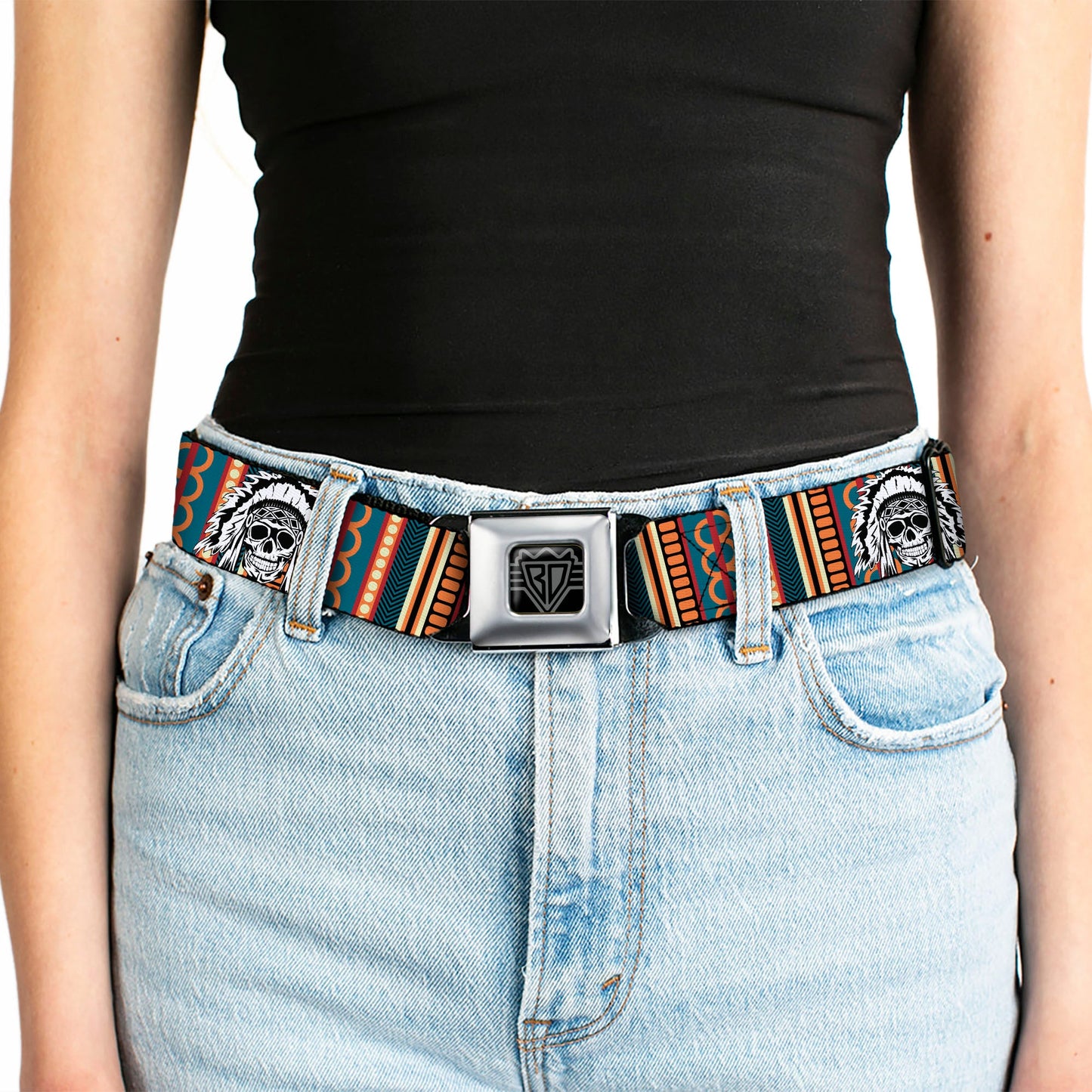 BD Wings Logo CLOSE-UP Black/Silver Seatbelt Belt - Native American Skull/Tapestry Multi Color/White/Black Webbing