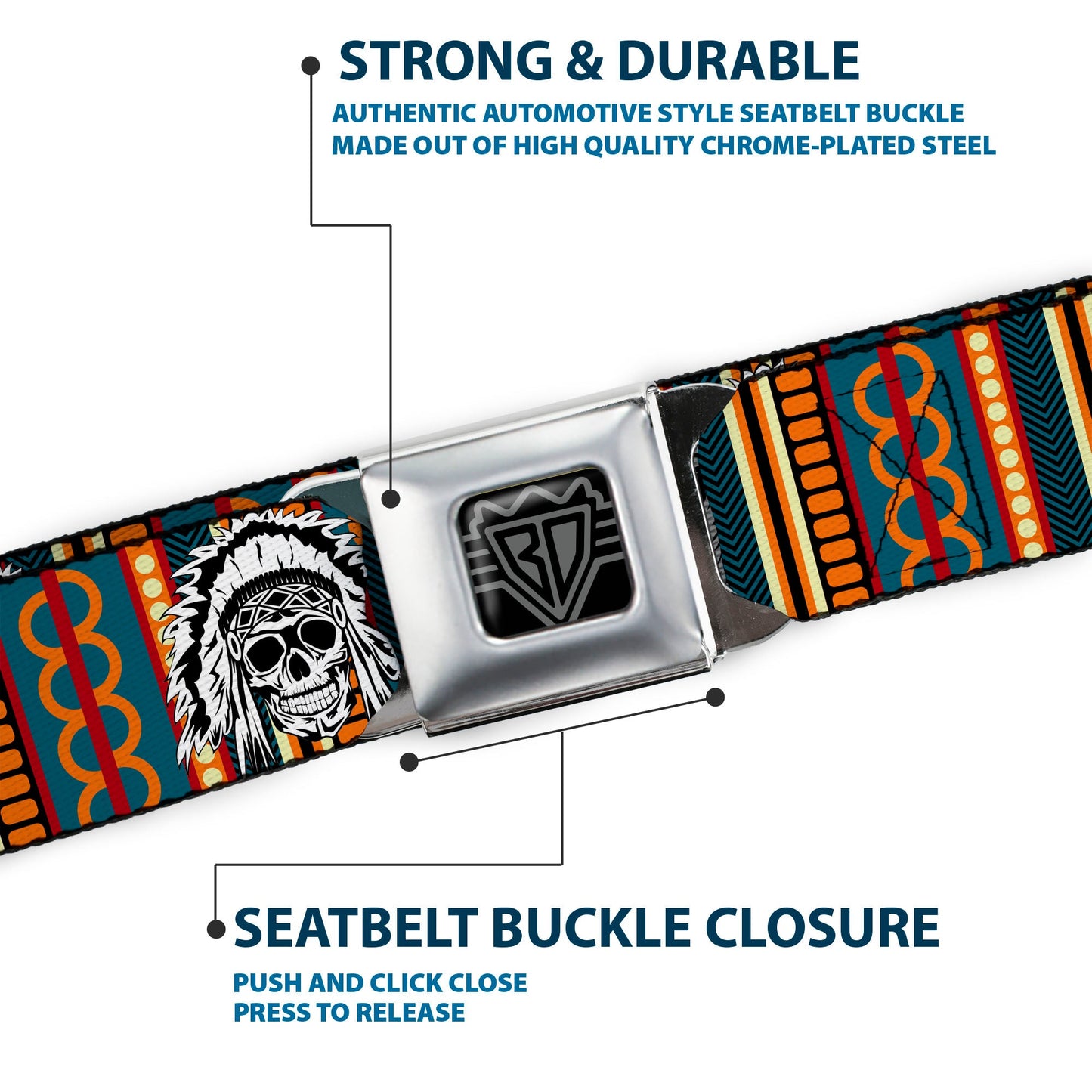 BD Wings Logo CLOSE-UP Black/Silver Seatbelt Belt - Native American Skull/Tapestry Multi Color/White/Black Webbing