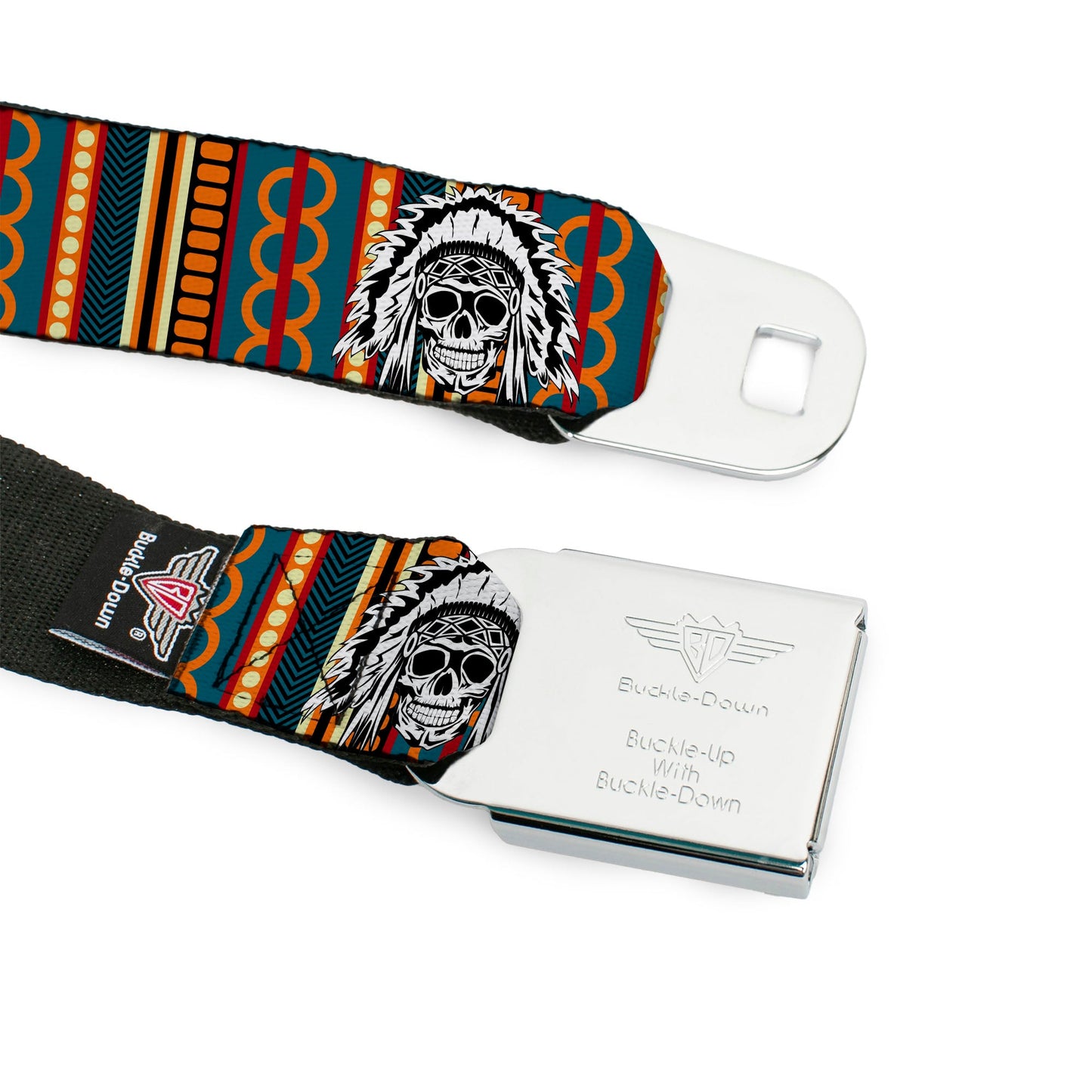 BD Wings Logo CLOSE-UP Black/Silver Seatbelt Belt - Native American Skull/Tapestry Multi Color/White/Black Webbing