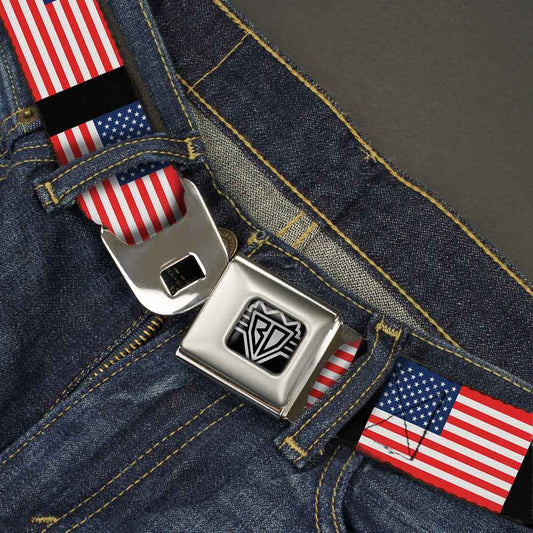 BD Wings Logo CLOSE-UP Full Color Black Silver Seatbelt Belt - United States Flags Webbing