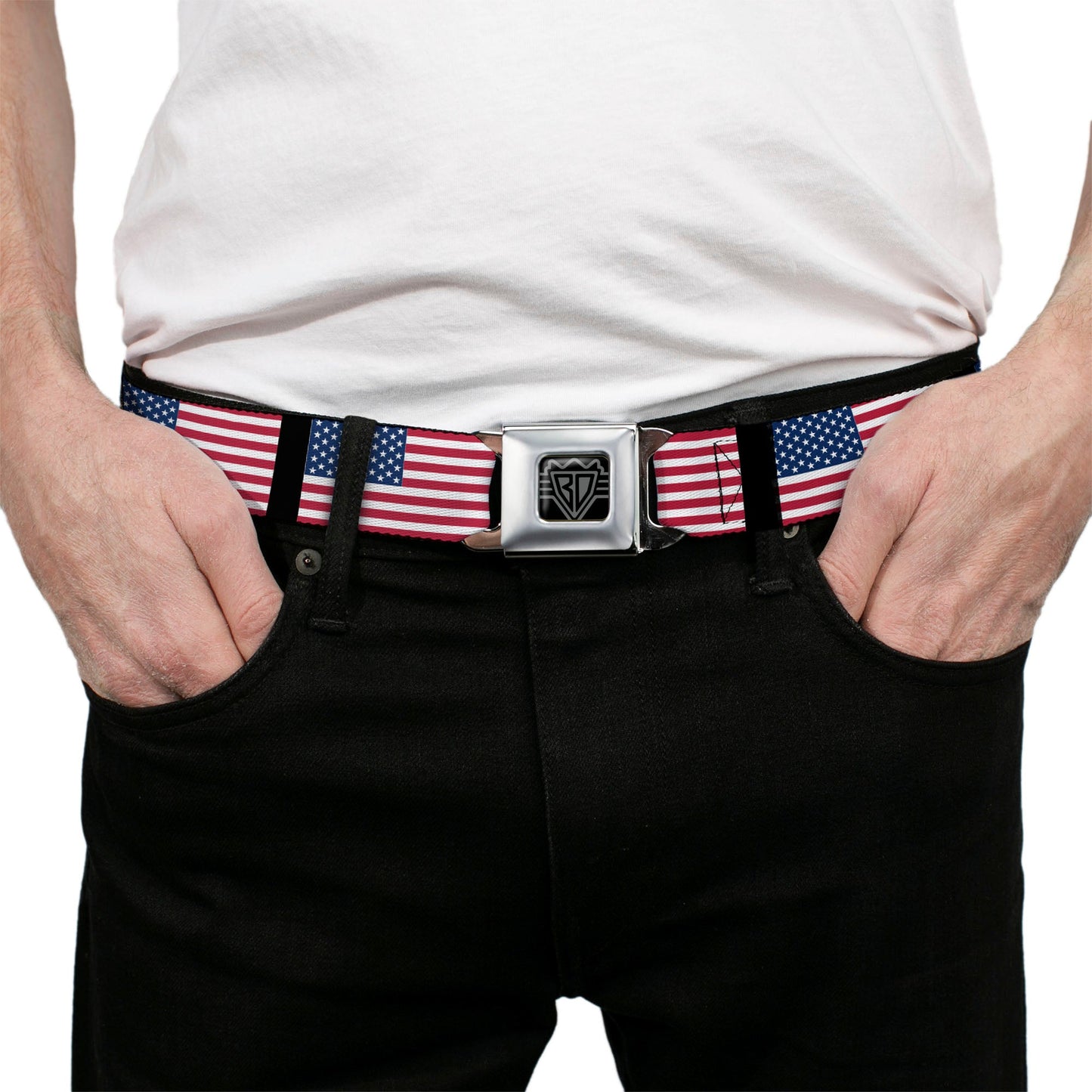 BD Wings Logo CLOSE-UP Full Color Black Silver Seatbelt Belt - United States Flags Webbing