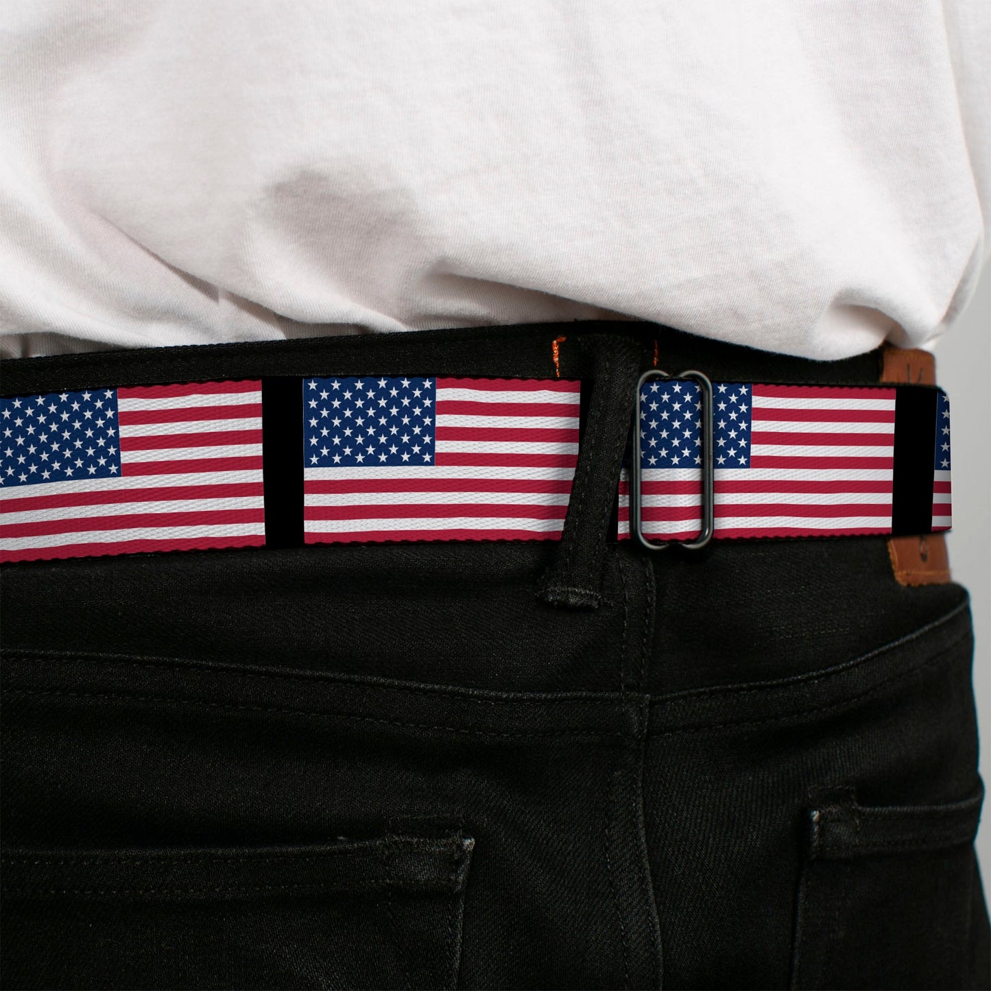 BD Wings Logo CLOSE-UP Full Color Black Silver Seatbelt Belt - United States Flags Webbing