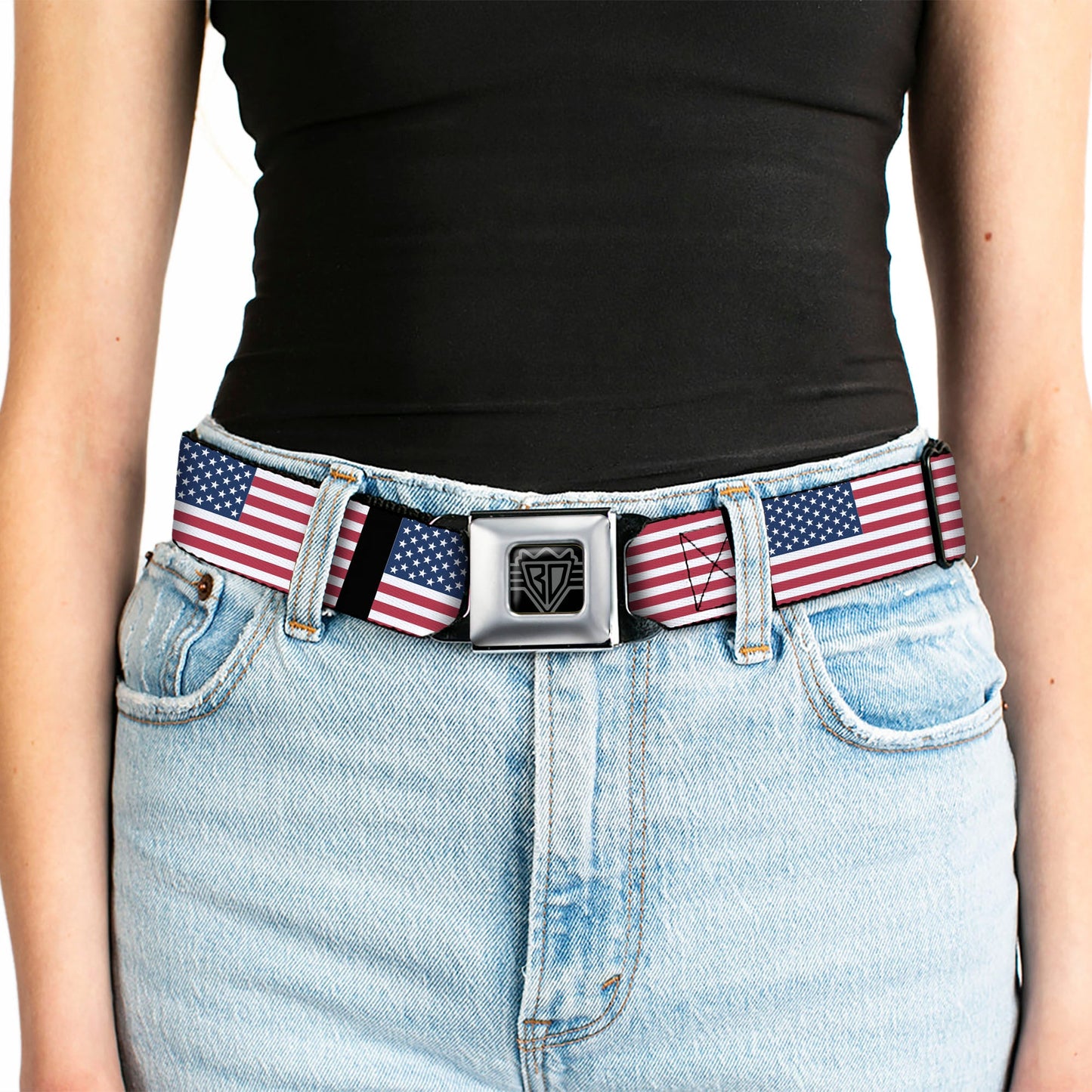BD Wings Logo CLOSE-UP Full Color Black Silver Seatbelt Belt - United States Flags Webbing