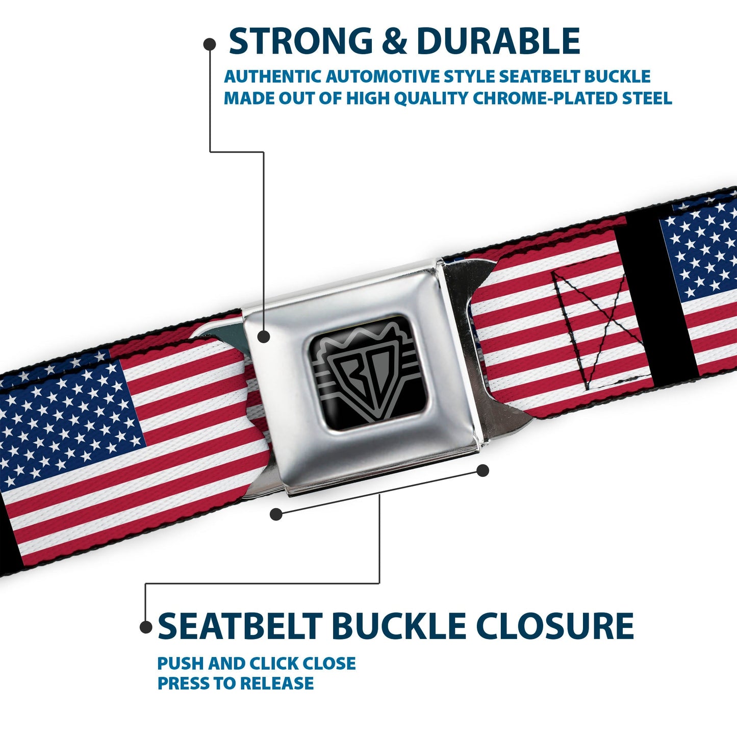 BD Wings Logo CLOSE-UP Full Color Black Silver Seatbelt Belt - United States Flags Webbing