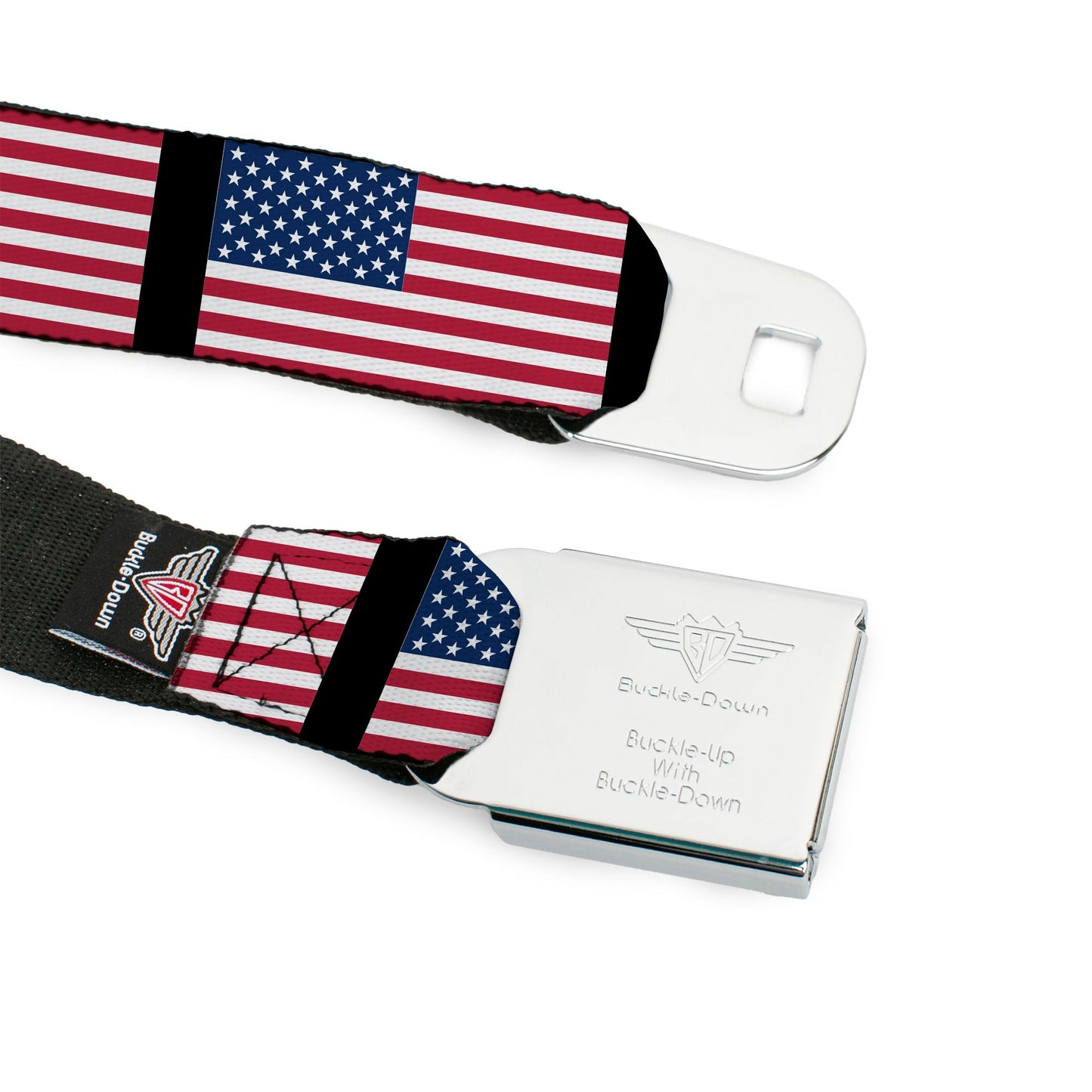 BD Wings Logo CLOSE-UP Full Color Black Silver Seatbelt Belt - United States Flags Webbing