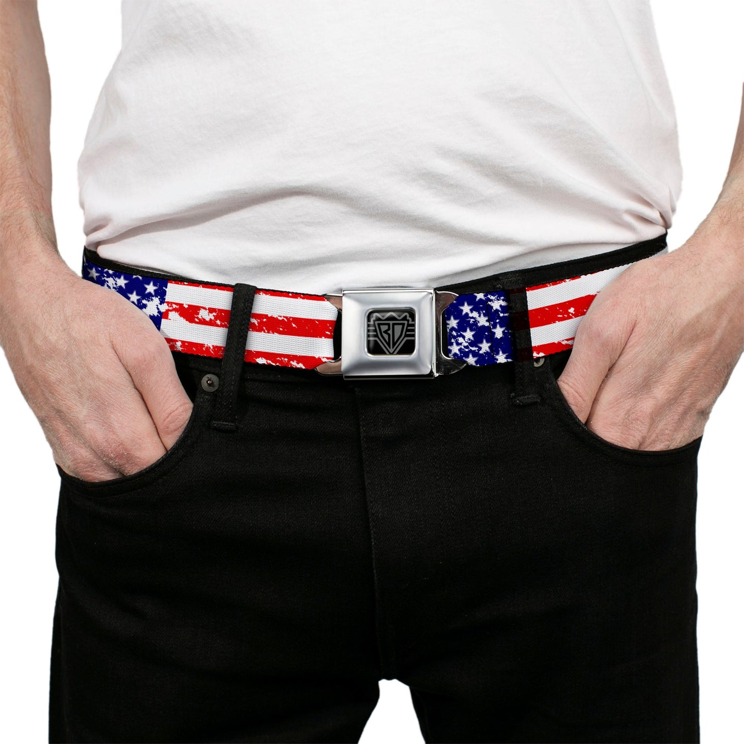 BD Wings Logo CLOSE-UP Full Color Black Silver Seatbelt Belt - United States Flags CLOSE-UP Weathered Webbing
