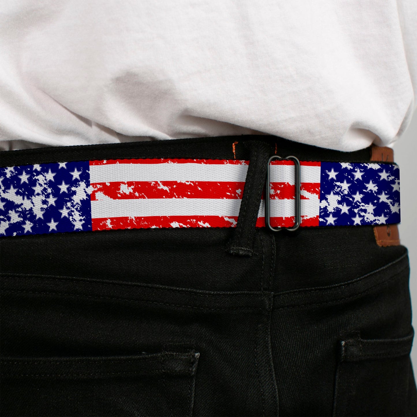 BD Wings Logo CLOSE-UP Full Color Black Silver Seatbelt Belt - United States Flags CLOSE-UP Weathered Webbing