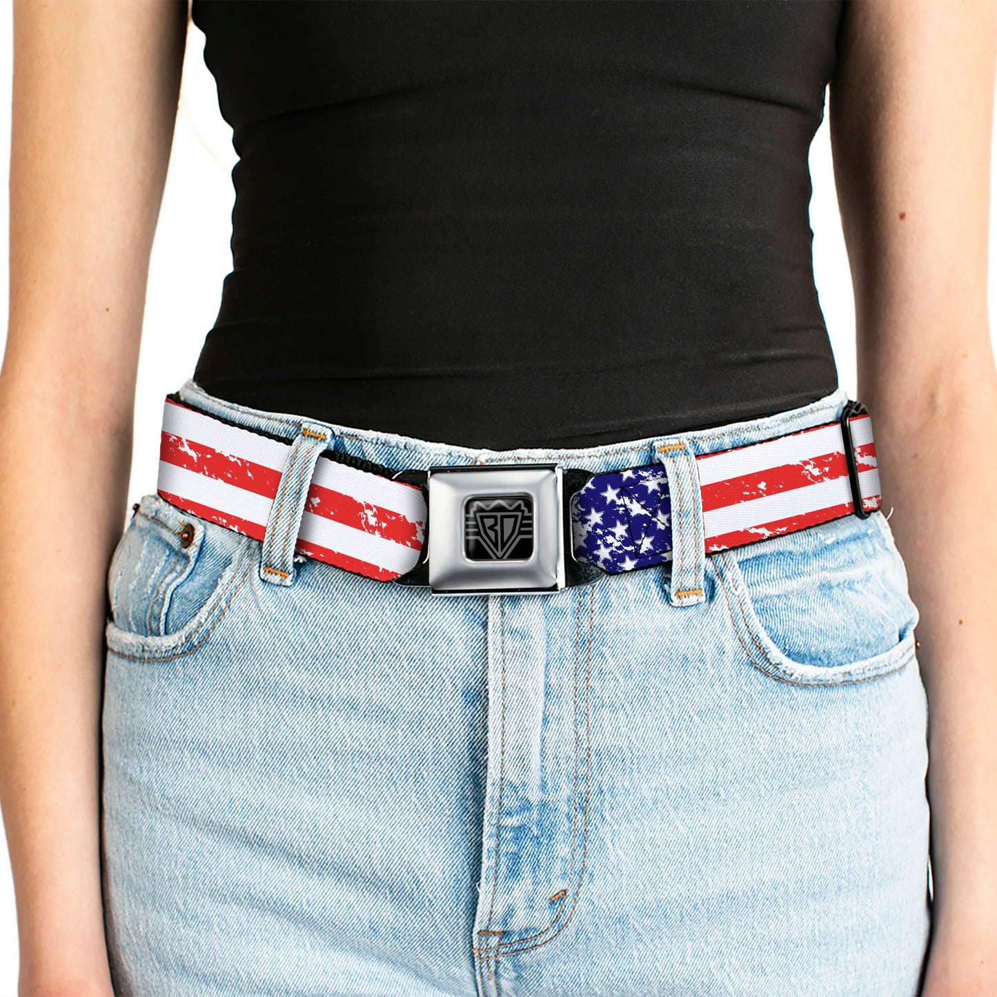 BD Wings Logo CLOSE-UP Full Color Black Silver Seatbelt Belt - United States Flags CLOSE-UP Weathered Webbing