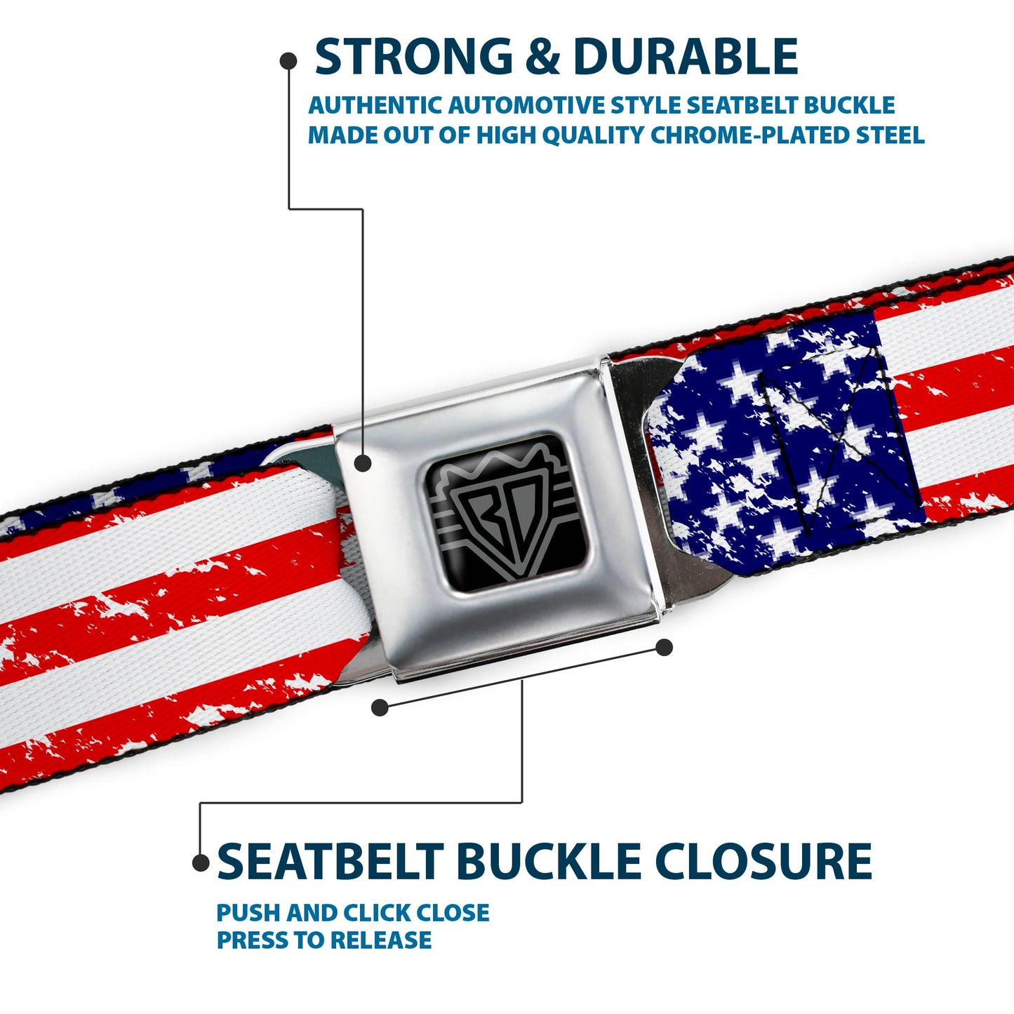 BD Wings Logo CLOSE-UP Full Color Black Silver Seatbelt Belt - United States Flags CLOSE-UP Weathered Webbing