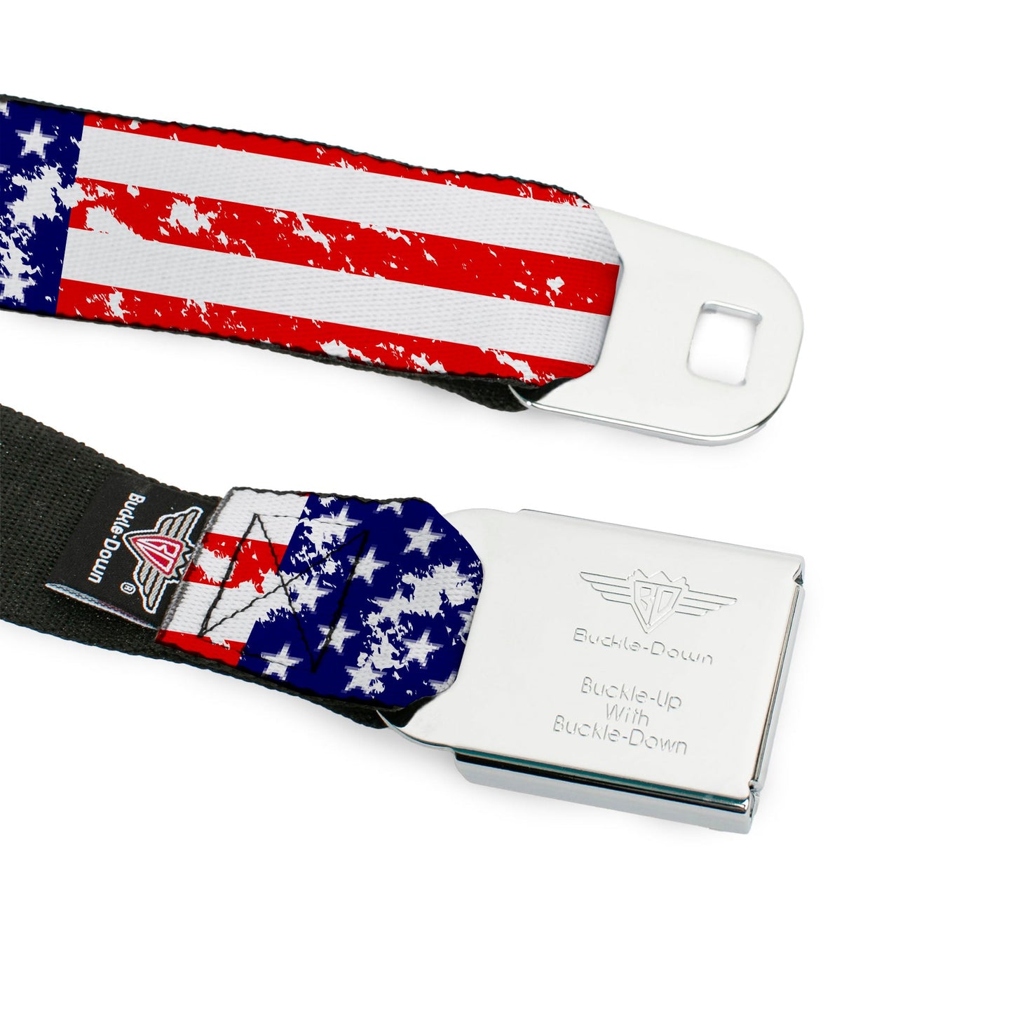 BD Wings Logo CLOSE-UP Full Color Black Silver Seatbelt Belt - United States Flags CLOSE-UP Weathered Webbing