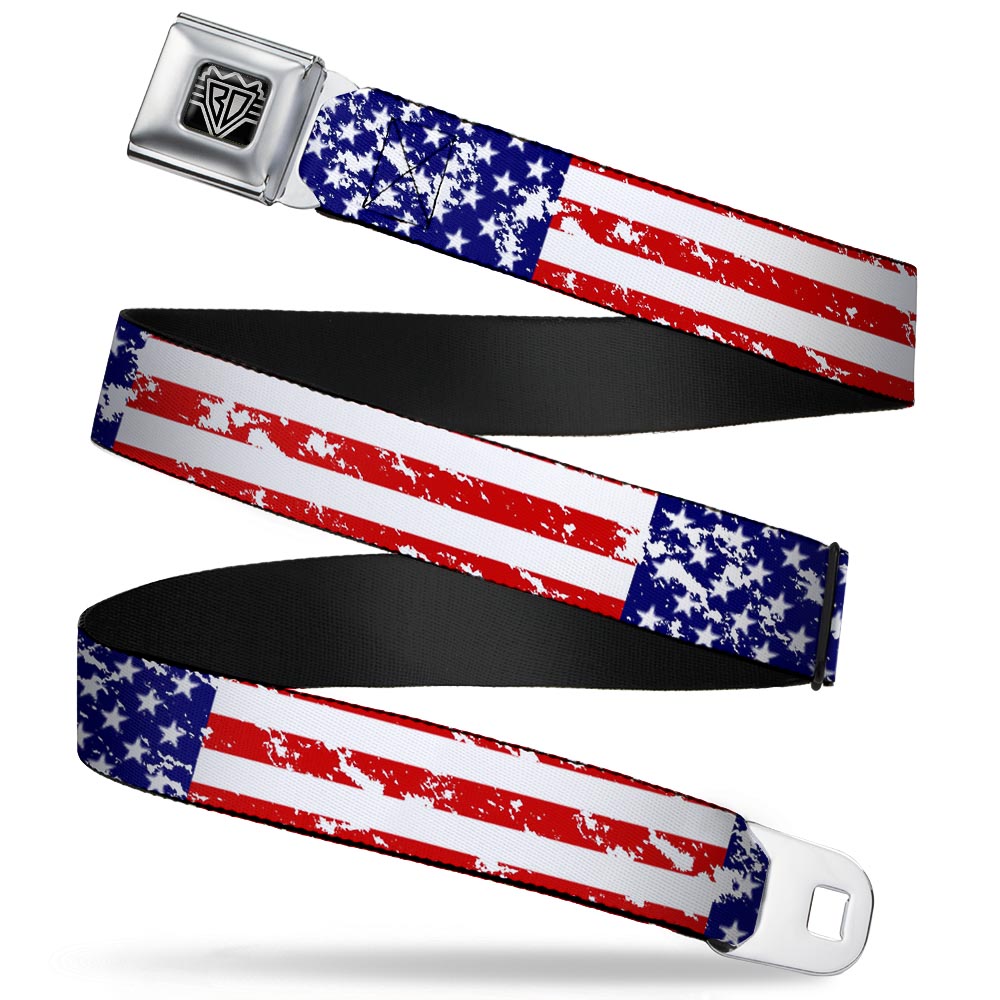 BD Wings Logo CLOSE-UP Full Color Black Silver Seatbelt Belt - United States Flags CLOSE-UP Weathered Webbing