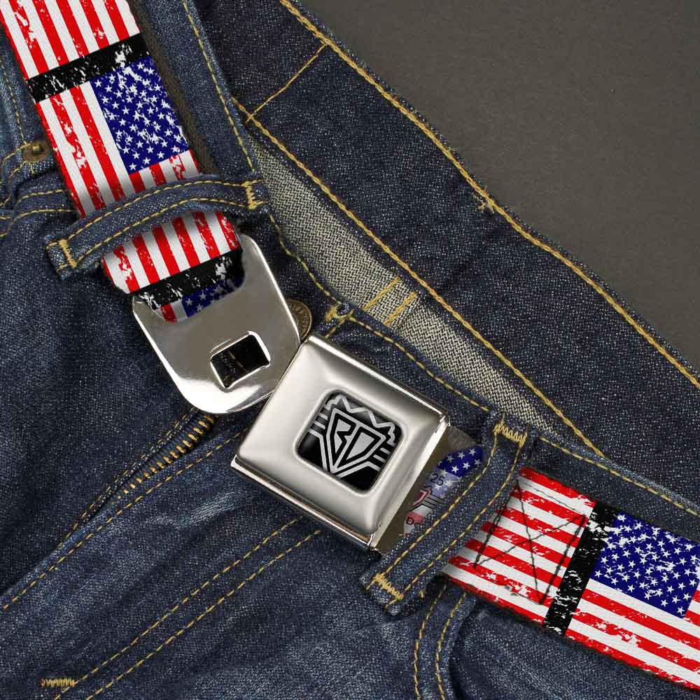 BD Wings Logo CLOSE-UP Full Color Black Silver Seatbelt Belt - United States Flags Weathered/Black Webbing