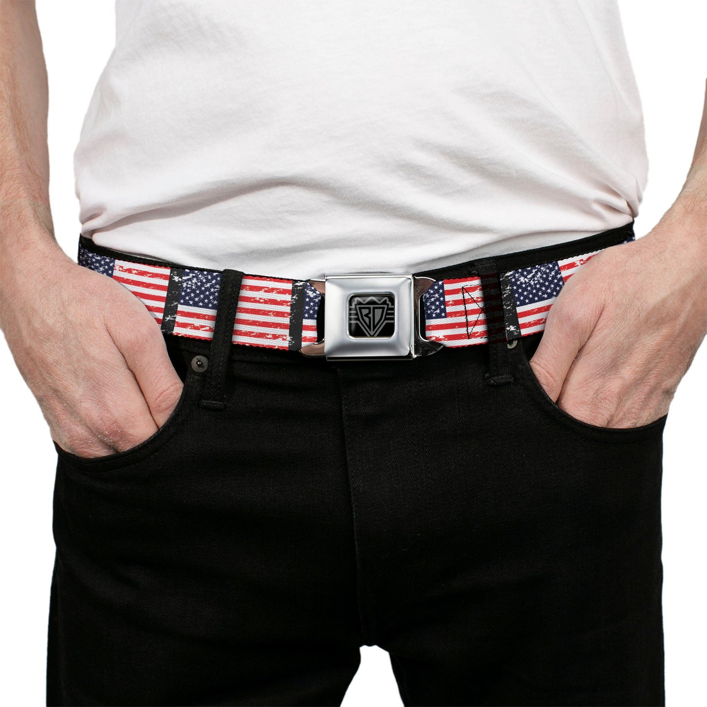 BD Wings Logo CLOSE-UP Full Color Black Silver Seatbelt Belt - United States Flags Weathered/Black Webbing