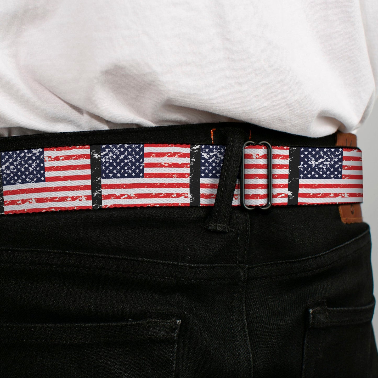 BD Wings Logo CLOSE-UP Full Color Black Silver Seatbelt Belt - United States Flags Weathered/Black Webbing