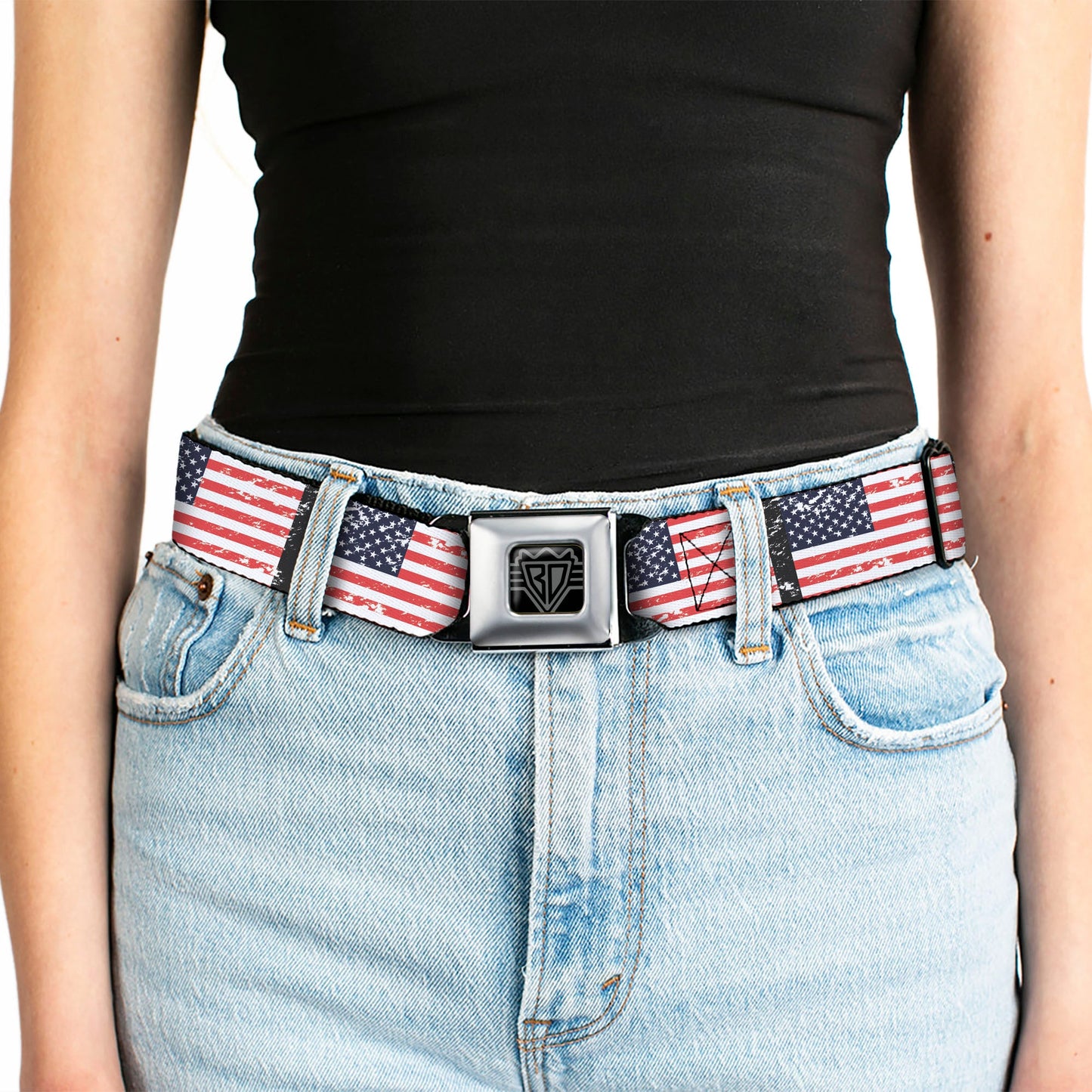 BD Wings Logo CLOSE-UP Full Color Black Silver Seatbelt Belt - United States Flags Weathered/Black Webbing