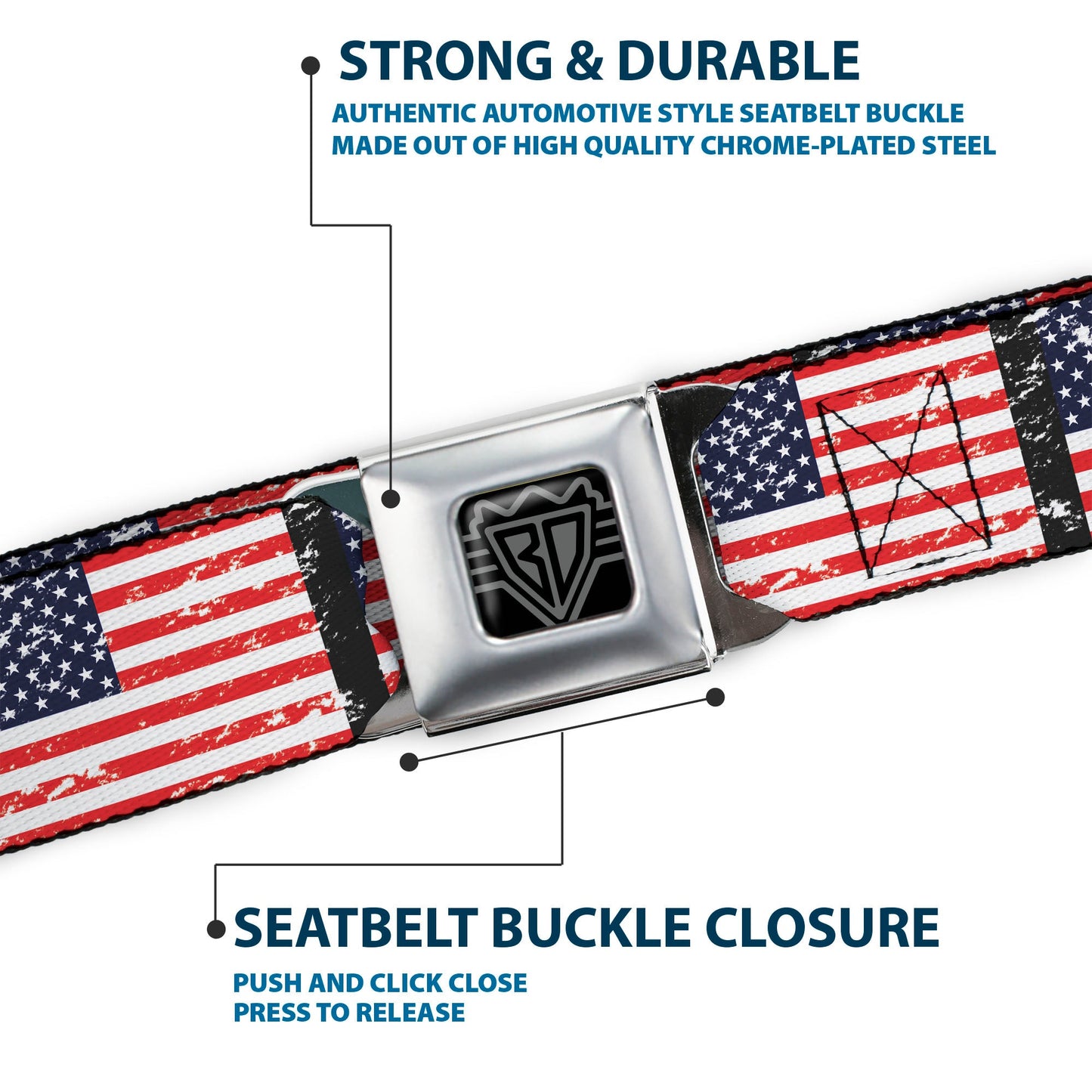 BD Wings Logo CLOSE-UP Full Color Black Silver Seatbelt Belt - United States Flags Weathered/Black Webbing