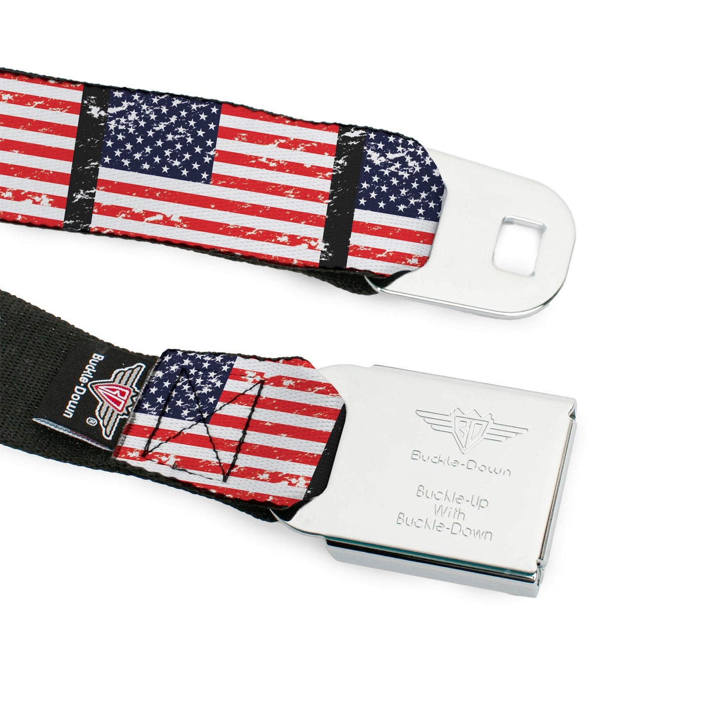 BD Wings Logo CLOSE-UP Full Color Black Silver Seatbelt Belt - United States Flags Weathered/Black Webbing