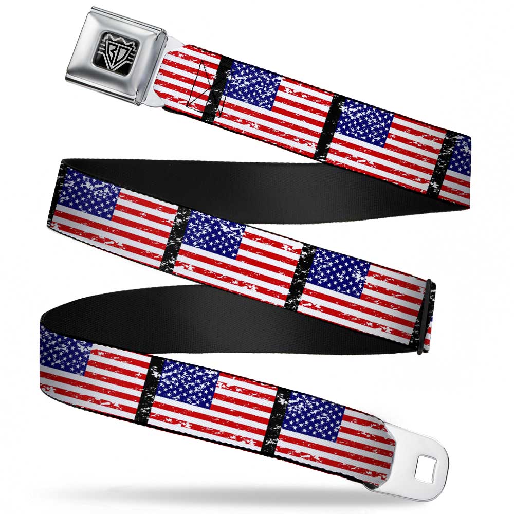 BD Wings Logo CLOSE-UP Full Color Black Silver Seatbelt Belt - United States Flags Weathered/Black Webbing