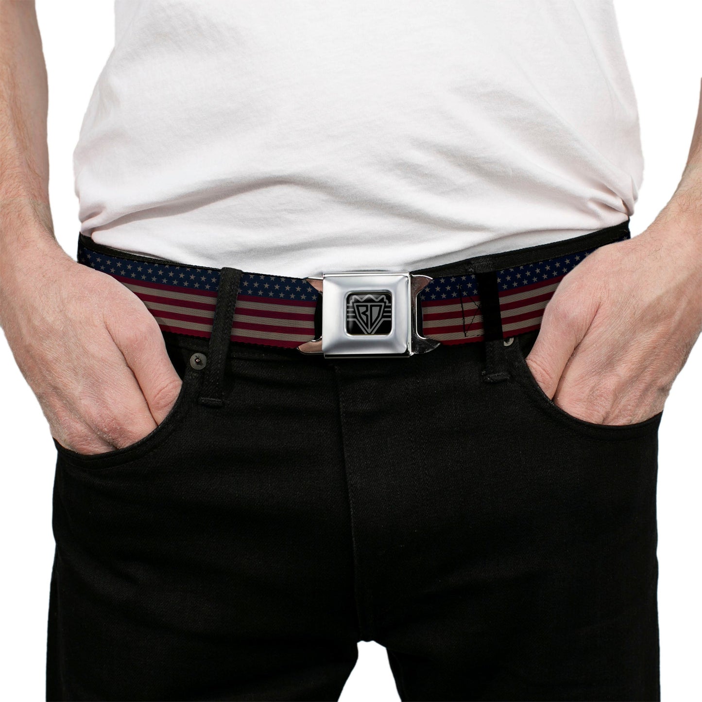 BD Wings Logo CLOSE-UP Full Color Black Silver Seatbelt Belt - United States Flag Stars & Stripes Distressed Webbing