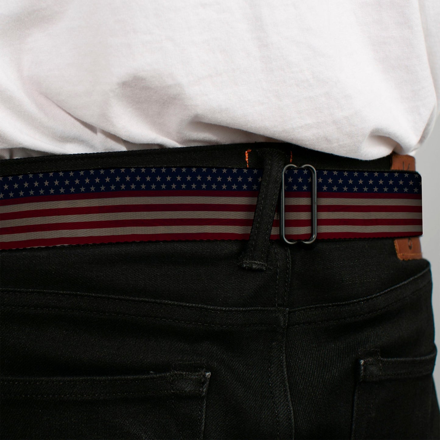 BD Wings Logo CLOSE-UP Full Color Black Silver Seatbelt Belt - United States Flag Stars & Stripes Distressed Webbing