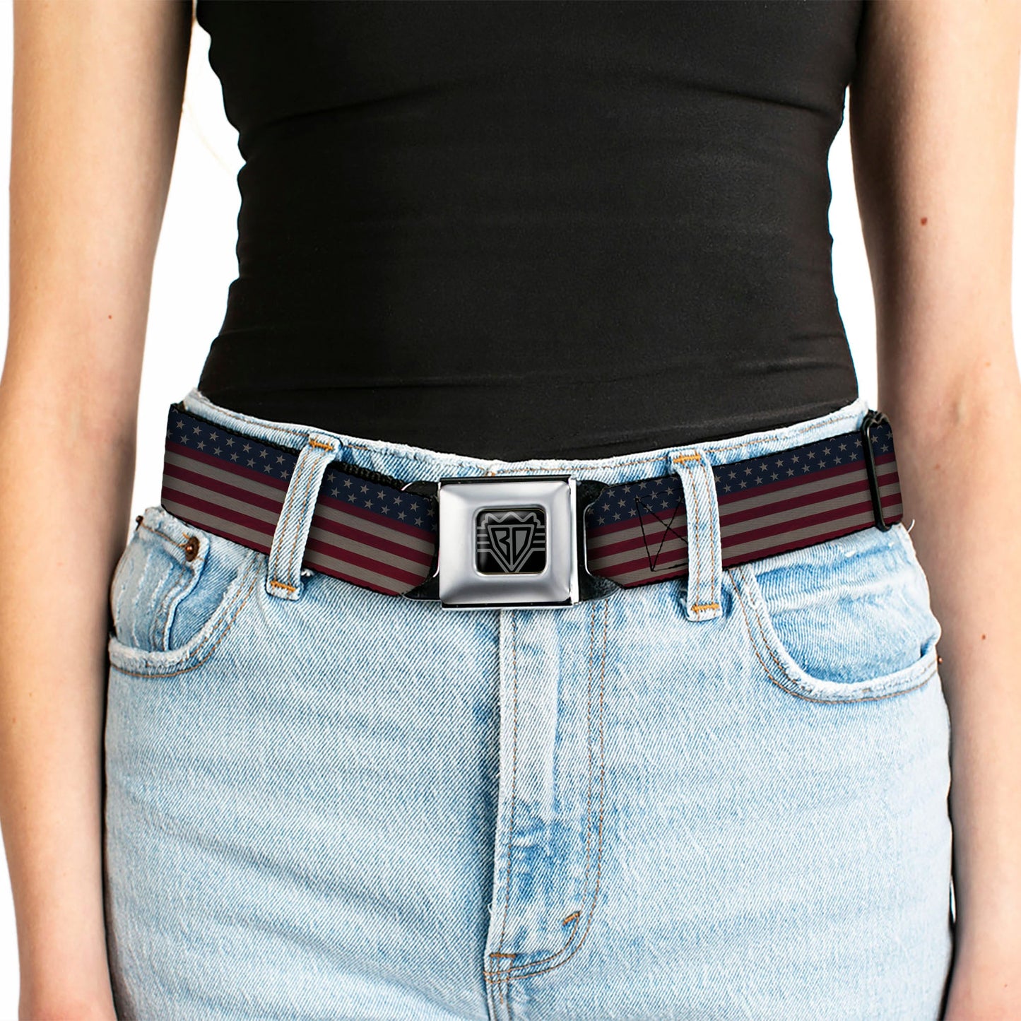 BD Wings Logo CLOSE-UP Full Color Black Silver Seatbelt Belt - United States Flag Stars & Stripes Distressed Webbing