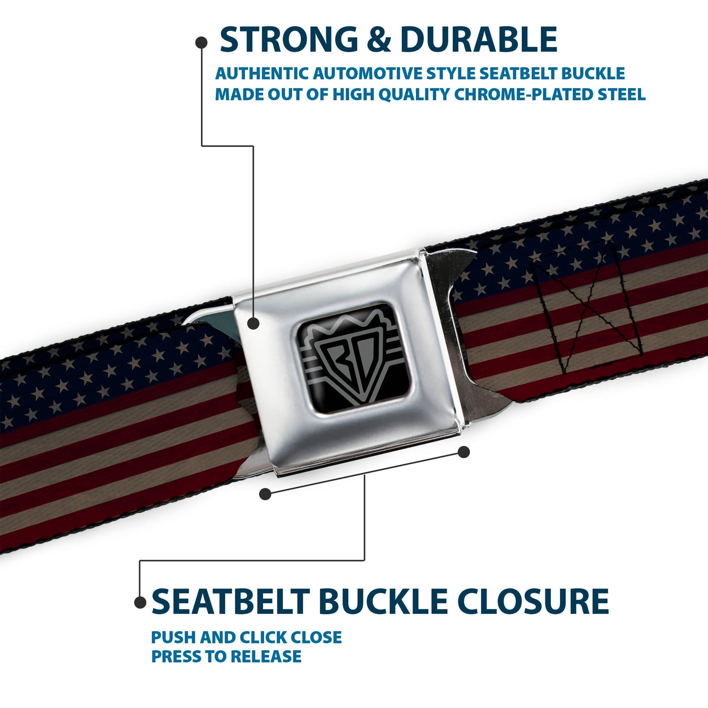 BD Wings Logo CLOSE-UP Full Color Black Silver Seatbelt Belt - United States Flag Stars & Stripes Distressed Webbing
