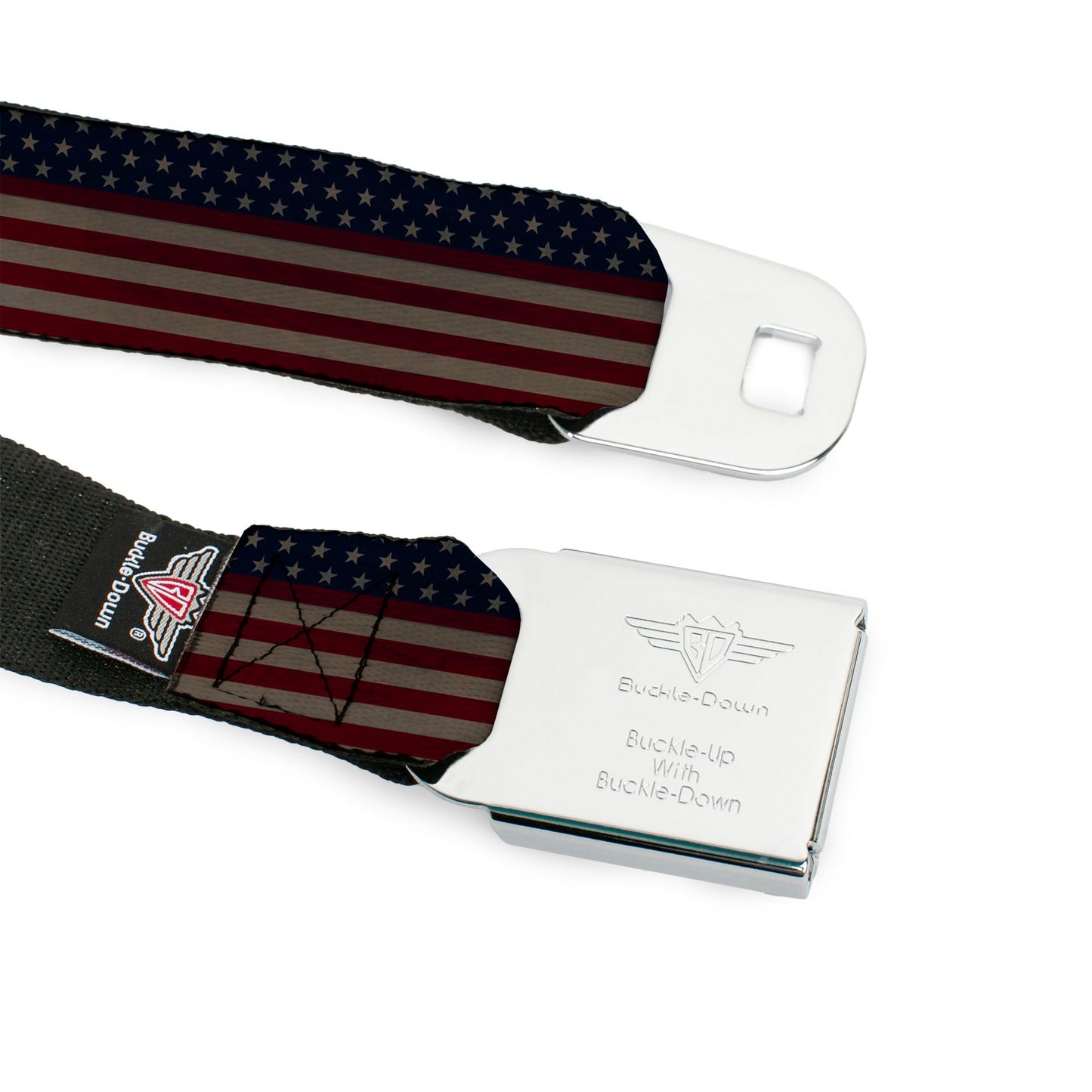 BD Wings Logo CLOSE-UP Full Color Black Silver Seatbelt Belt - United States Flag Stars & Stripes Distressed Webbing