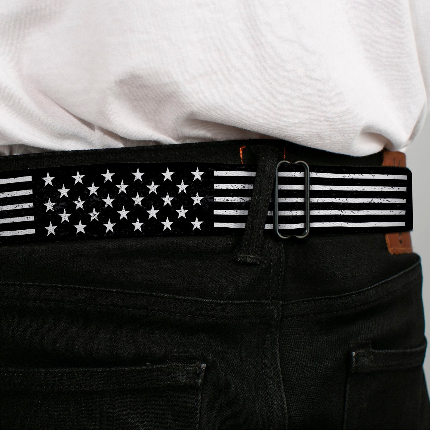 BD Wings Logo CLOSE-UP Full Color Black Silver Seatbelt Belt - Americana Stars & Stripes2 Weathered Black/White Webbing