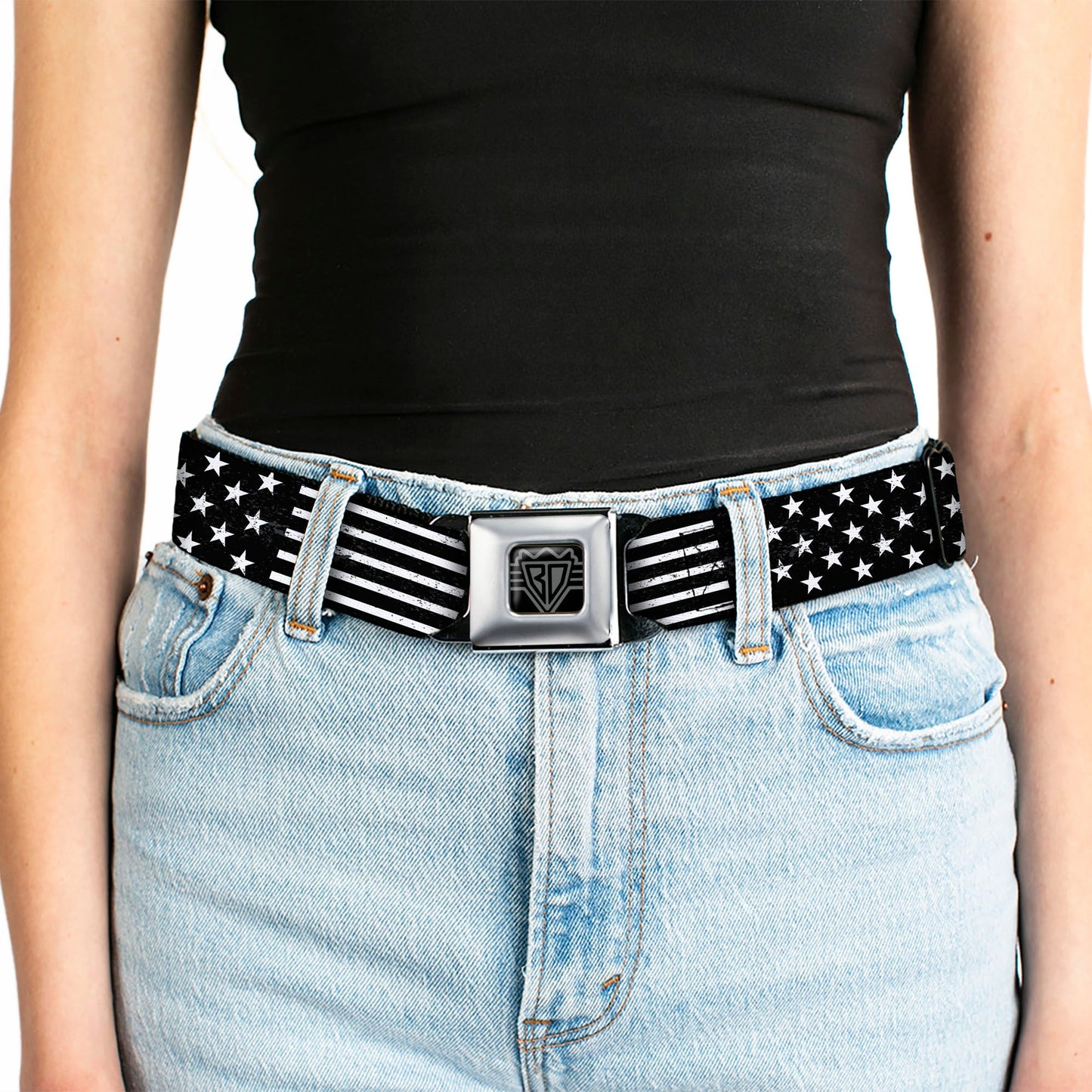 BD Wings Logo CLOSE-UP Full Color Black Silver Seatbelt Belt - Americana Stars & Stripes2 Weathered Black/White Webbing