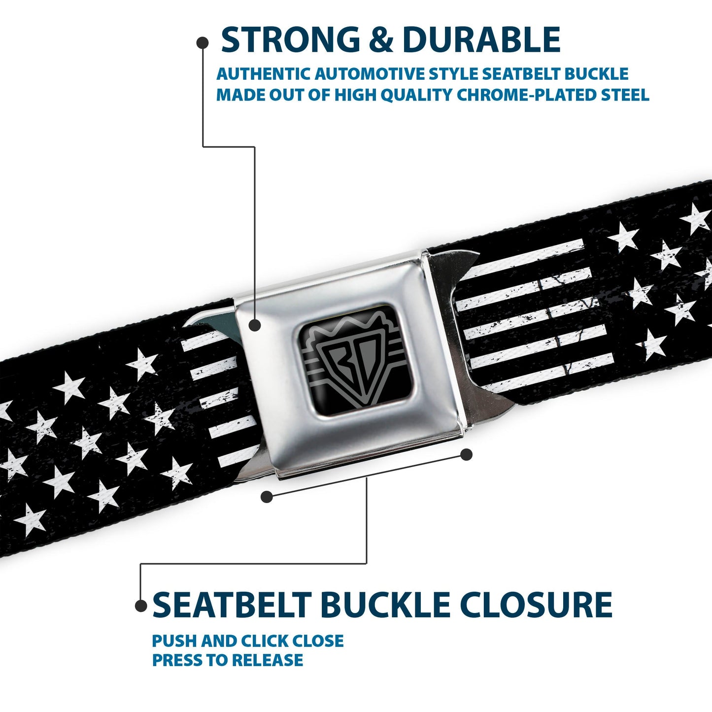 BD Wings Logo CLOSE-UP Full Color Black Silver Seatbelt Belt - Americana Stars & Stripes2 Weathered Black/White Webbing