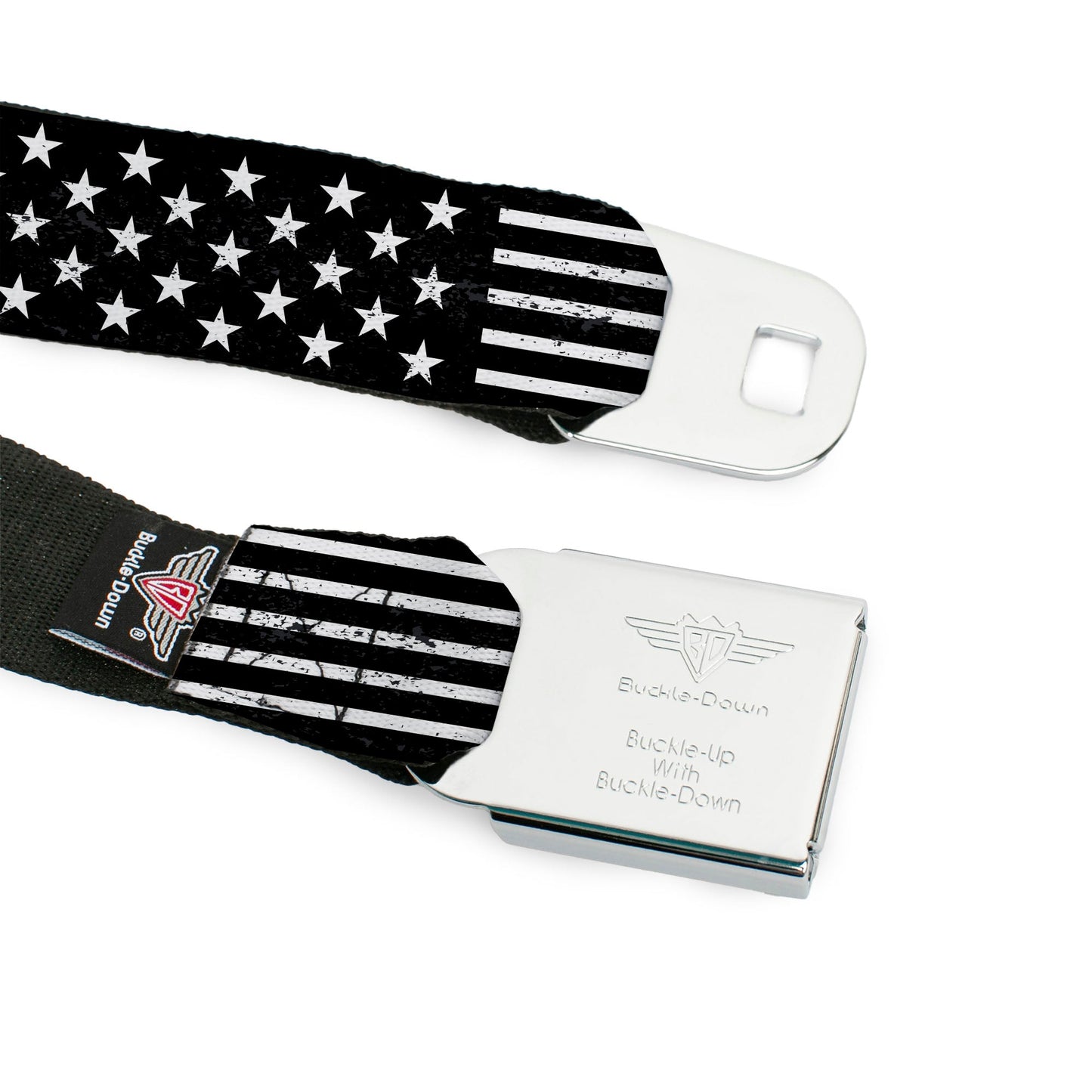 BD Wings Logo CLOSE-UP Full Color Black Silver Seatbelt Belt - Americana Stars & Stripes2 Weathered Black/White Webbing