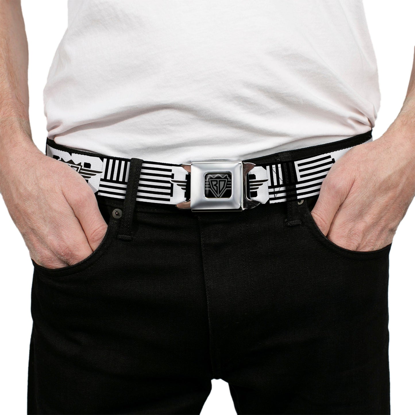 BD Wings Logo CLOSE-UP Full Color Black Silver Seatbelt Belt - BD Logo/American Stripe Flag White/Black Webbing
