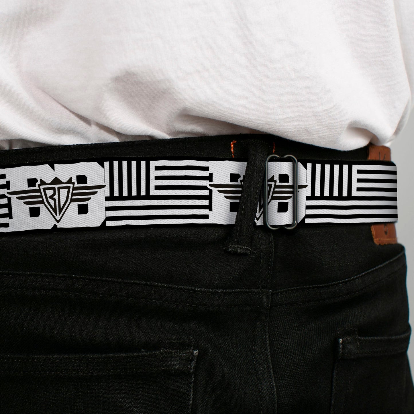 BD Wings Logo CLOSE-UP Full Color Black Silver Seatbelt Belt - BD Logo/American Stripe Flag White/Black Webbing