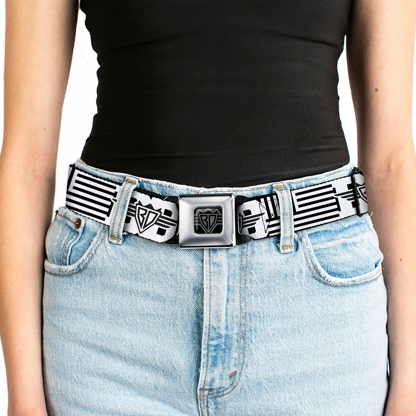 BD Wings Logo CLOSE-UP Full Color Black Silver Seatbelt Belt - BD Logo/American Stripe Flag White/Black Webbing